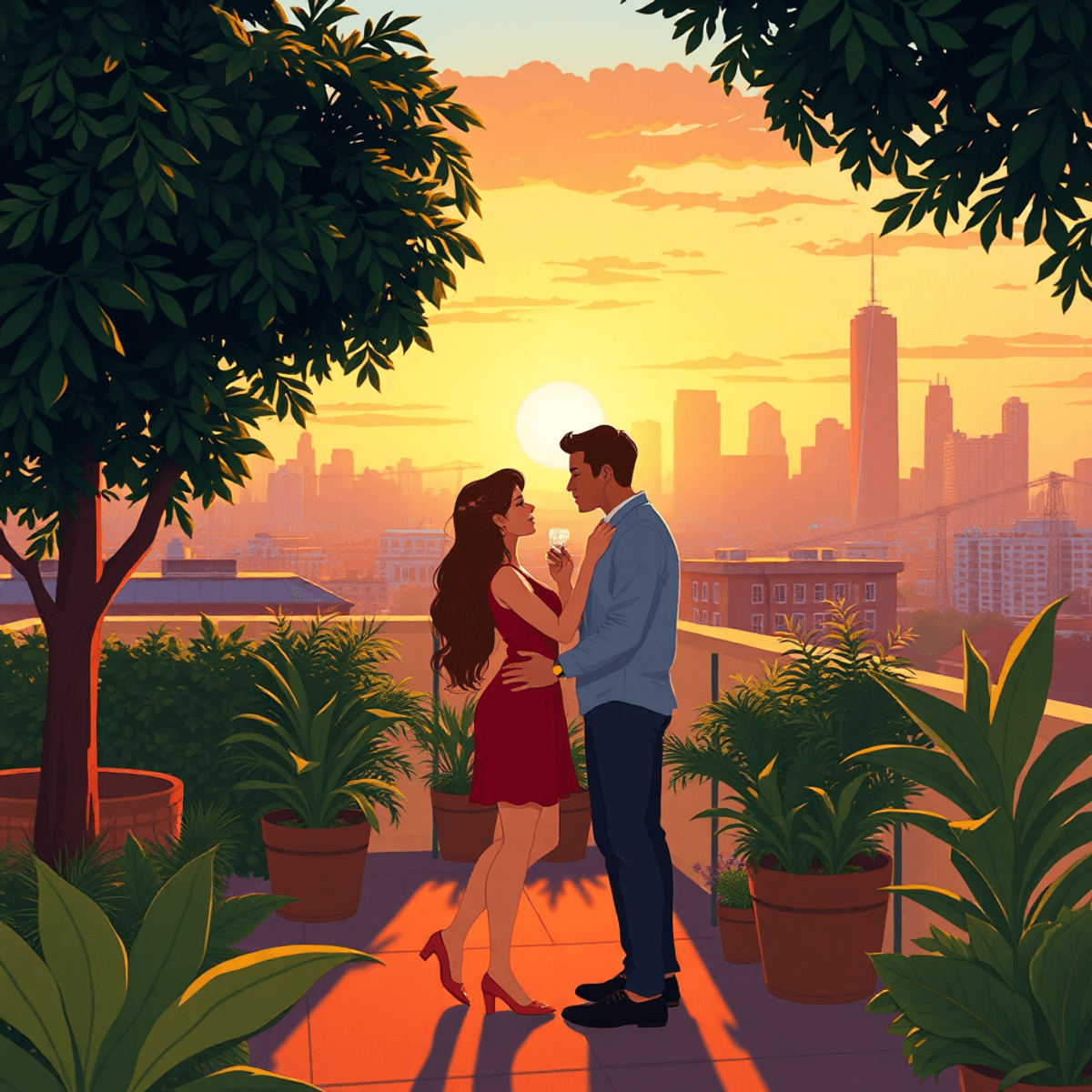 Cartoon couple sharing a romantic moment on a rooftop terrace at sunset, surrounded by greenery and city skyline with warm, soft lighting.