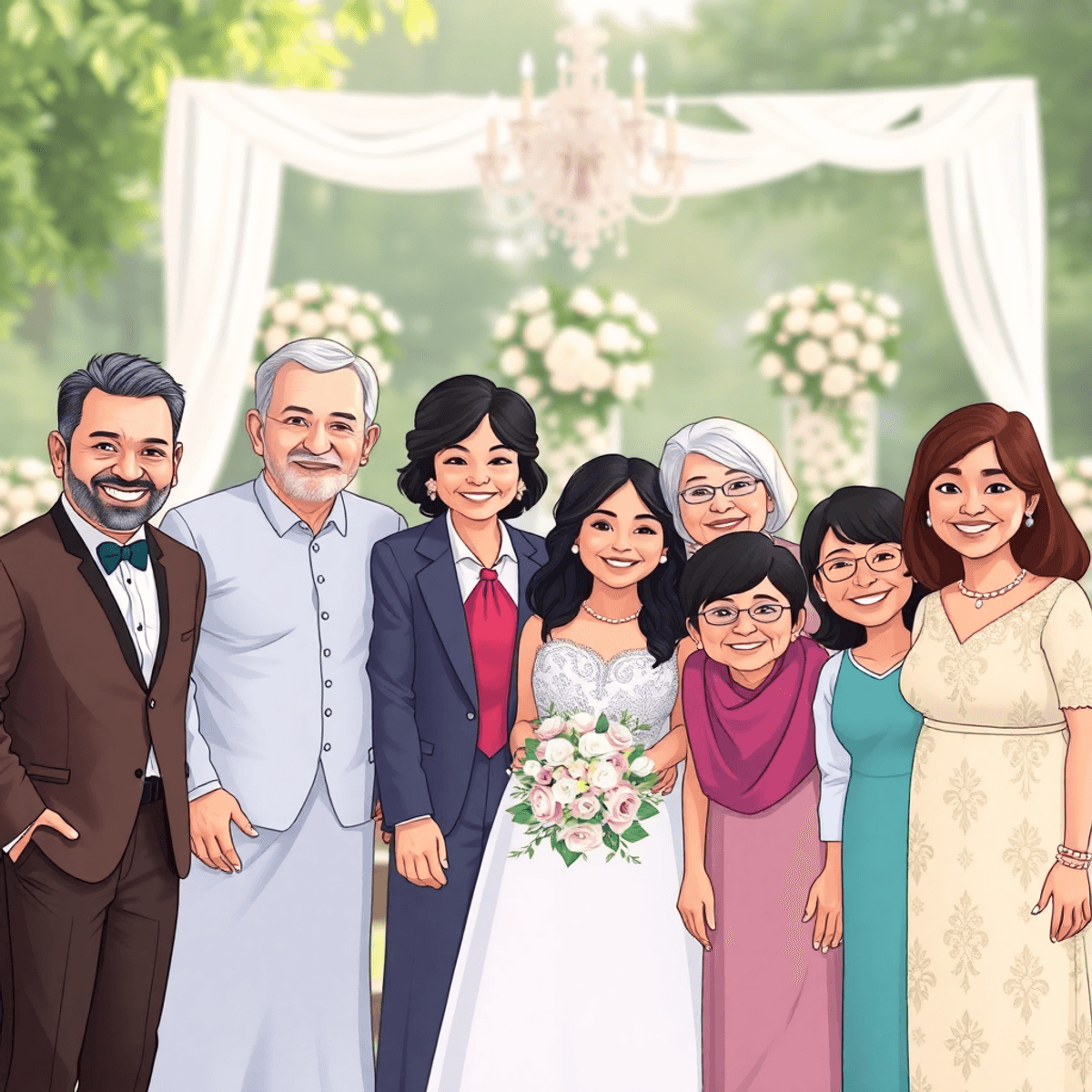 Cartoon of a joyful family group smiling and posing outdoors at a wedding with elegant decor and soft natural lighting.