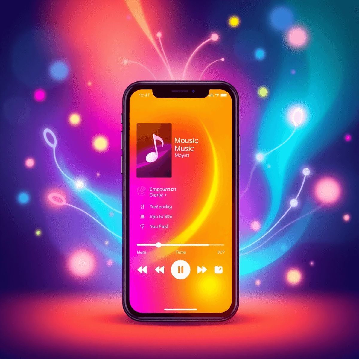 Cartoon-style smartphone displaying a vibrant music playlist with glowing screen, surrounded by abstract colorful sound waves and light effects.