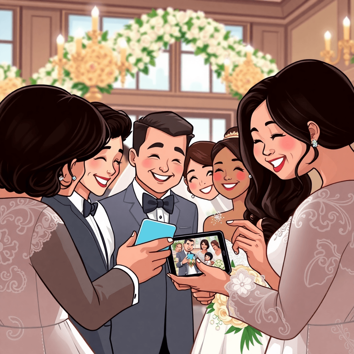 Cartoon of joyful wedding guests sharing digital photos on smartphone and tablet amidst elegant decorations and soft natural light.