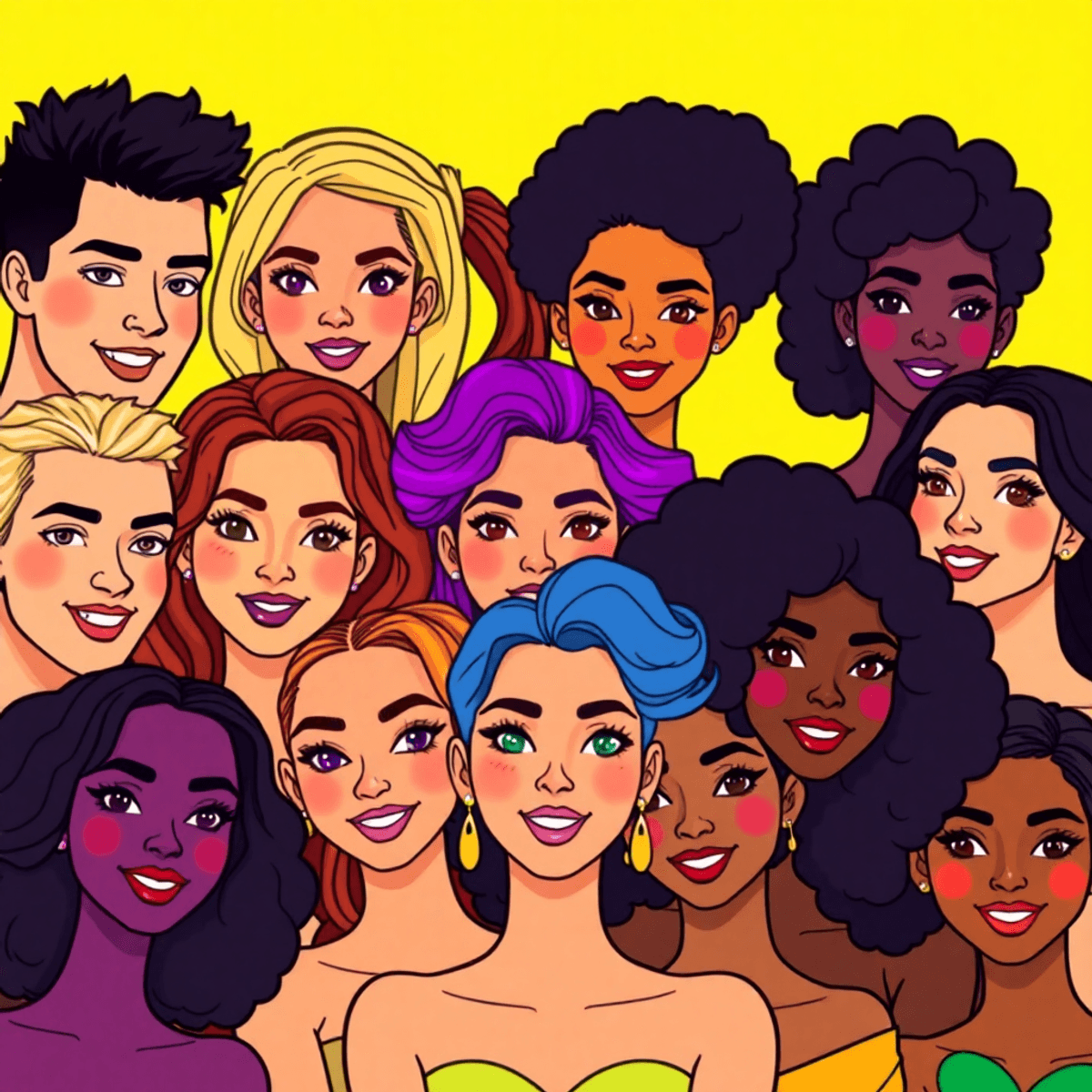 Cartoon group with diverse skin tones, colorful hair and makeup, smiling against a bright background symbolizing unity and celebration of beauty.