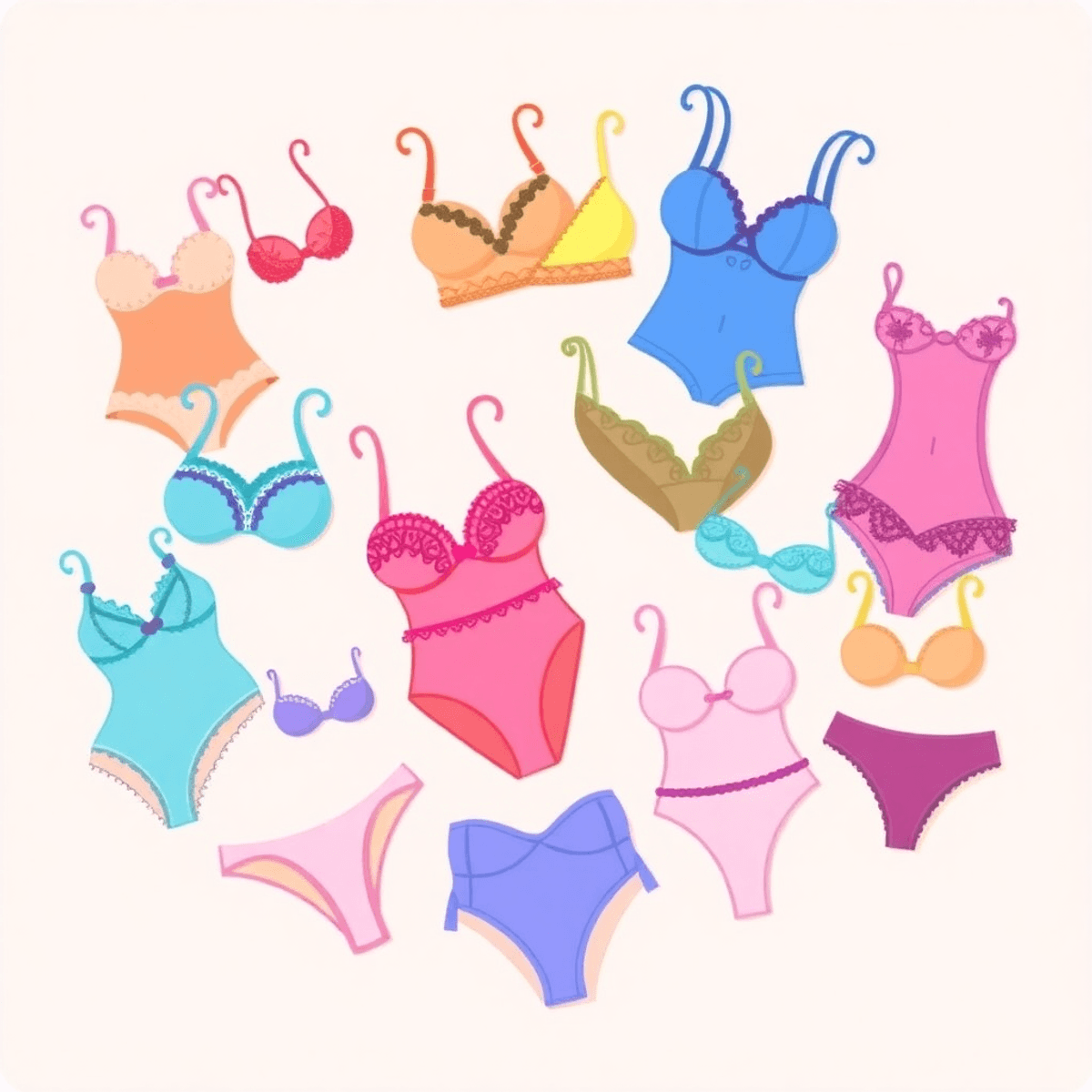 A colorful array of diverse lingerie pieces displayed on a soft background, showcasing various styles and sizes that celebrate inclusivity and body positivity.