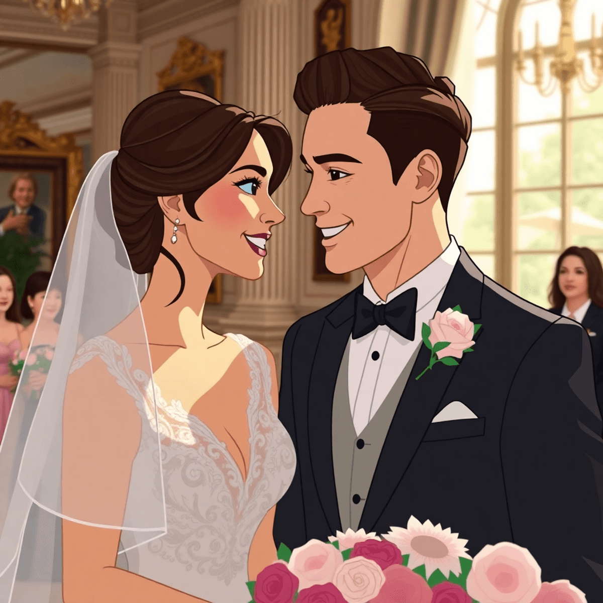 Cartoon-style image of a luxurious wedding with elegant decor and soft lighting, showing a bride and groom sharing a candid, emotional moment.