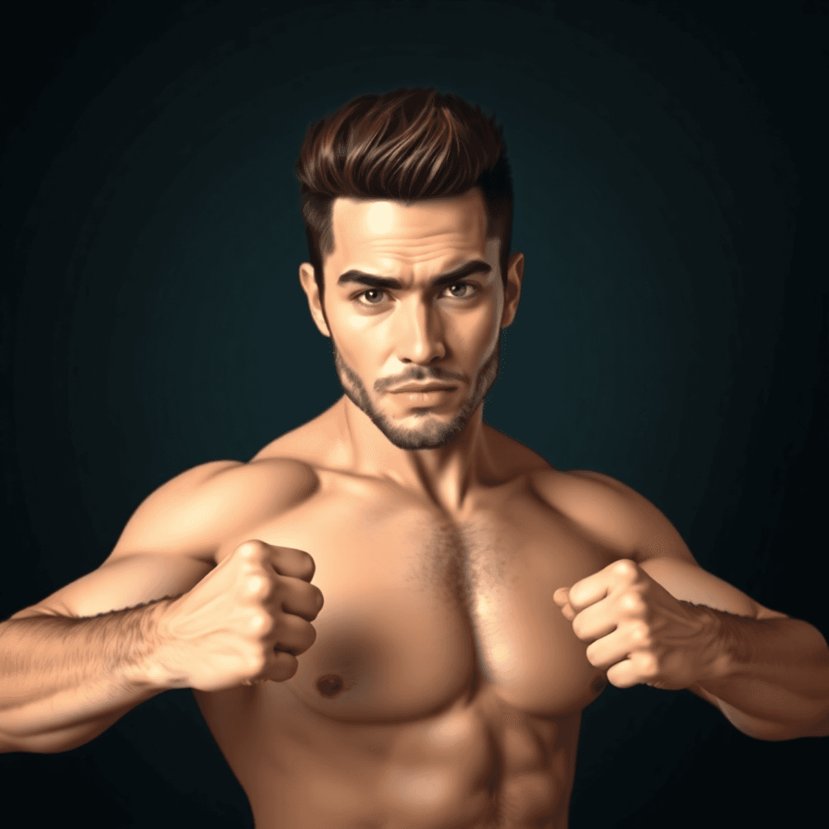 Cartoon of a confident man in bold, masculine boudoir style with dramatic lighting and minimalist background.