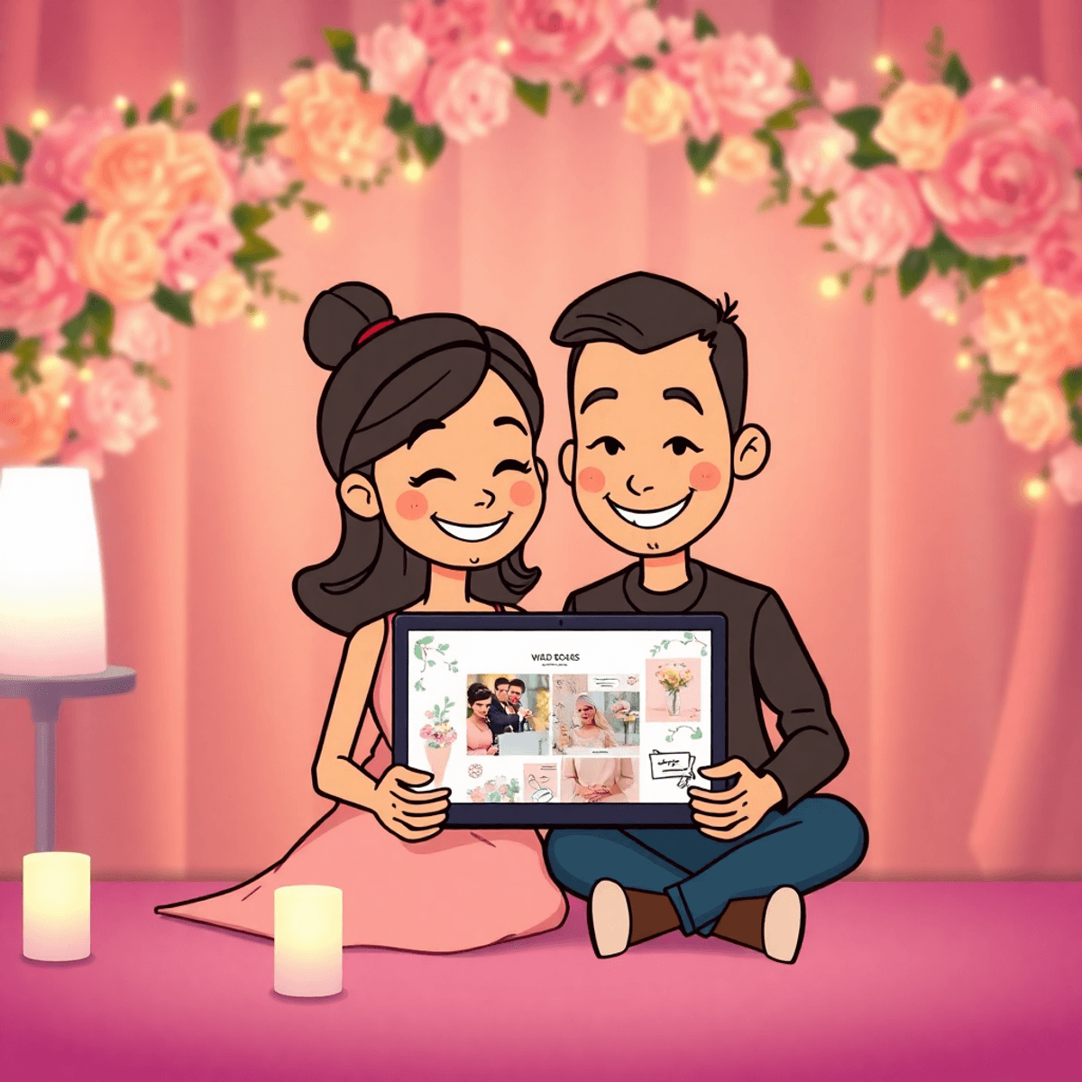 Cartoon couple viewing a laptop with wedding mood board, surrounded by soft lighting and elegant floral decorations.