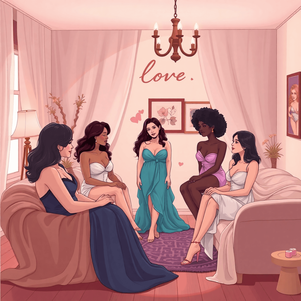 Cartoon-style cozy indoor scene with women in a boudoir photography session, surrounded by elegant fabrics and artistic decor promoting self-love.