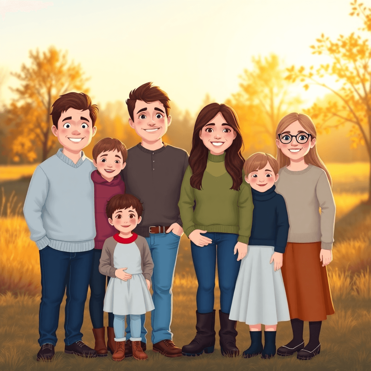 Cartoon of a family enjoying a warm outdoor photoshoot during golden hour, surrounded by autumn leaves and soft natural light.