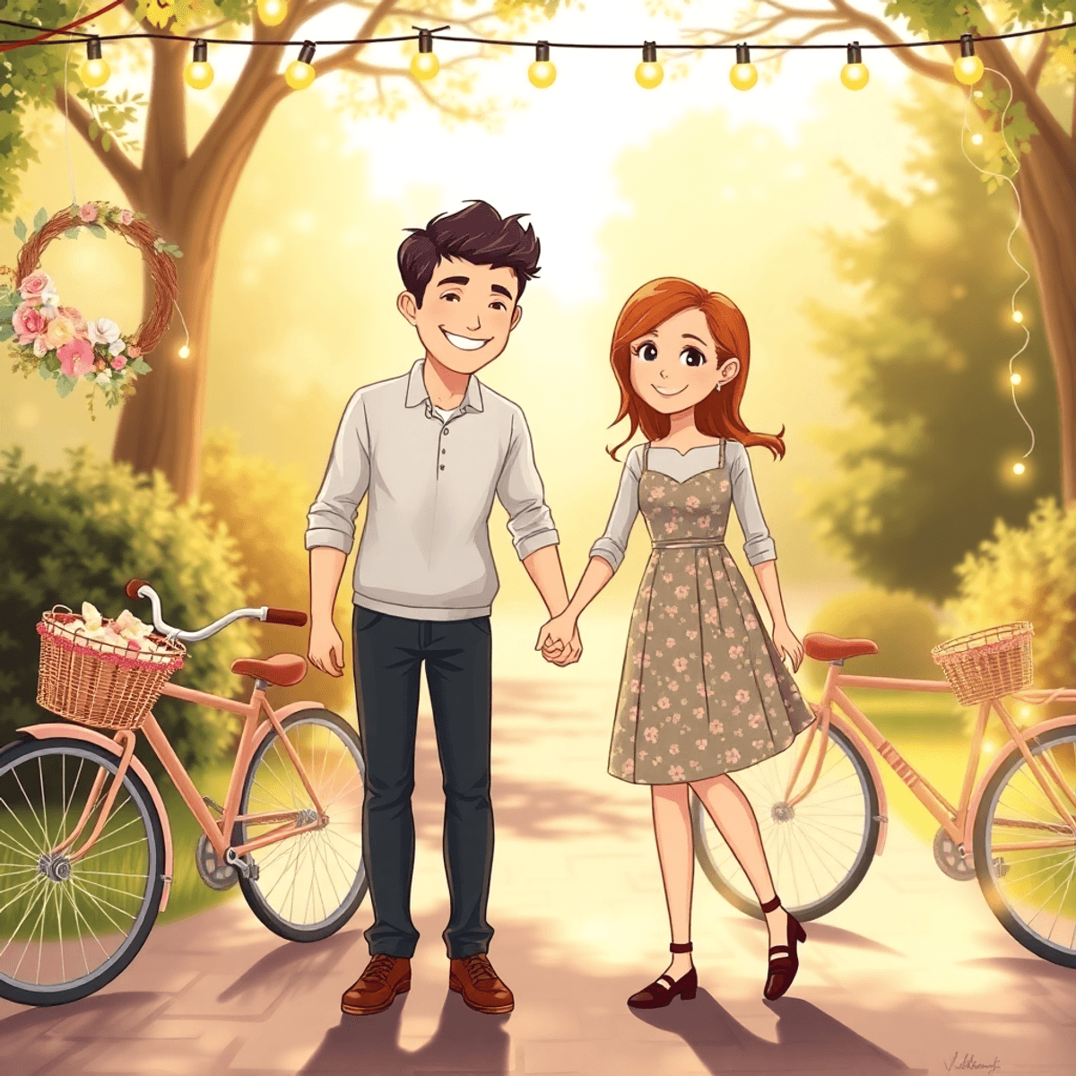 Cartoon couple holding hands outdoors, surrounded by vintage bicycles, floral wreaths, and fairy lights in warm, soft natural light.
