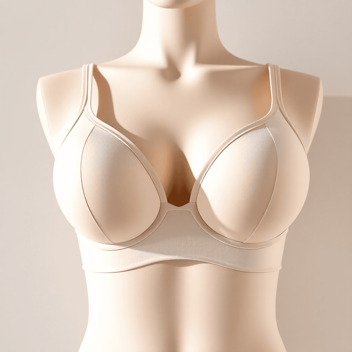 Cartoon-style close-up of a smooth, well-fitted bra on a mannequin with soft lighting and a neutral background.