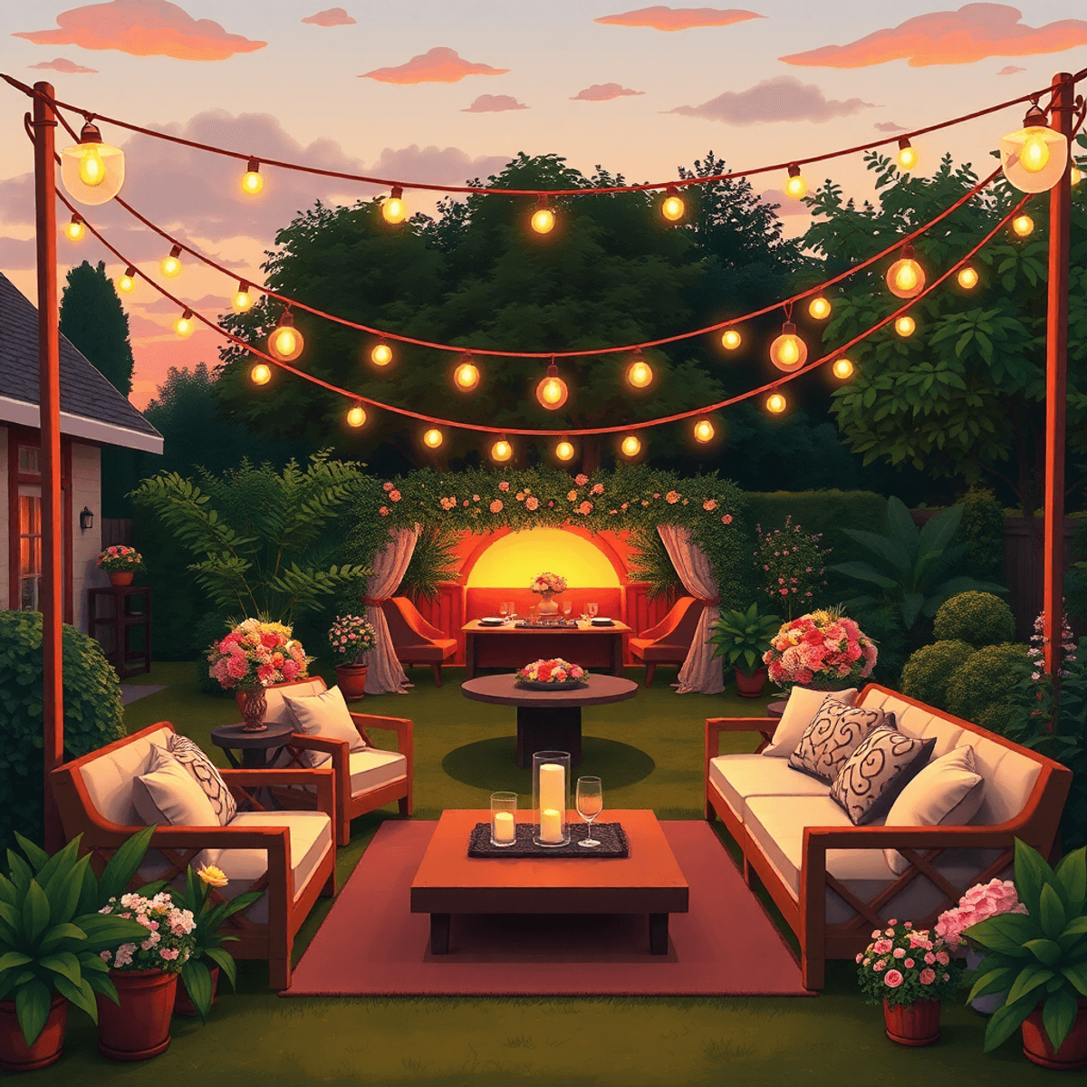 Cartoon-style backyard wedding at sunset with string lights, cozy lounge seating, stylish dining area, lush greenery, and elegant floral decorations.