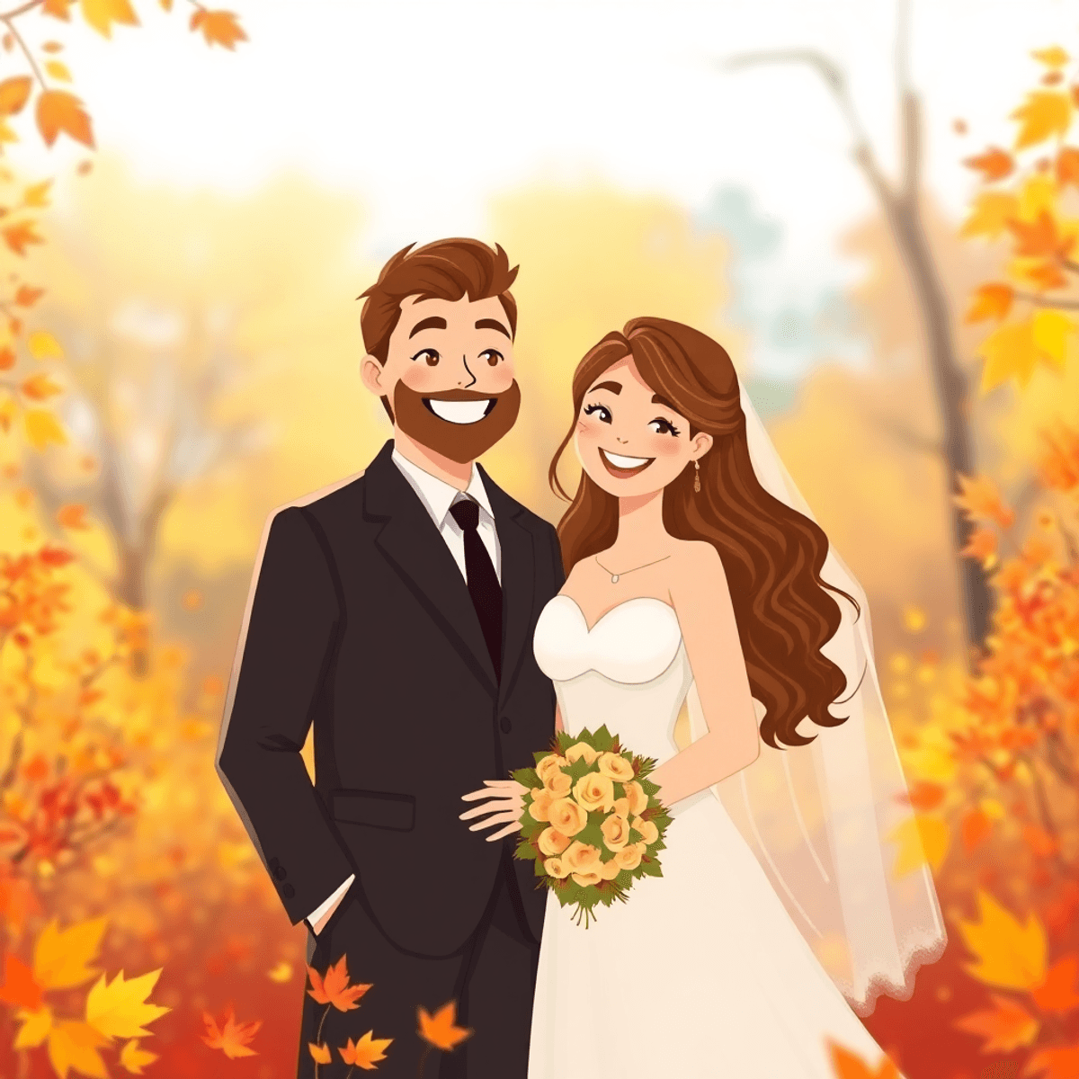 Cartoon-style romantic couple in autumn landscape with golden, orange, and red foliage, soft light, and blurred trees creating a warm, intimate atmosphere.