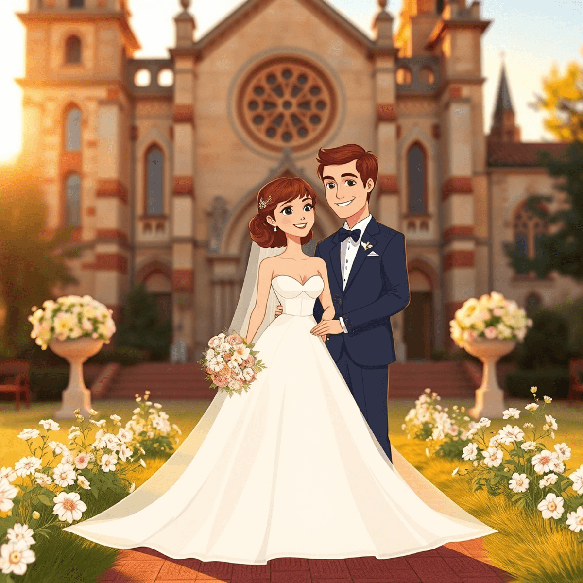 Cartoon-style romantic outdoor wedding at golden hour with bride and groom in elegant attire, soft floral arrangements, and a vintage cathedral backdrop.