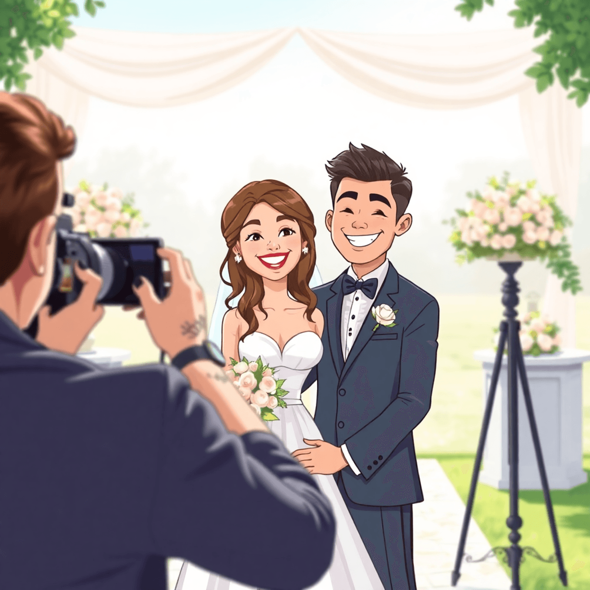 Cartoon of a joyful bride and groom outdoors with a photographer capturing candid wedding moments amid soft light and elegant decorations.