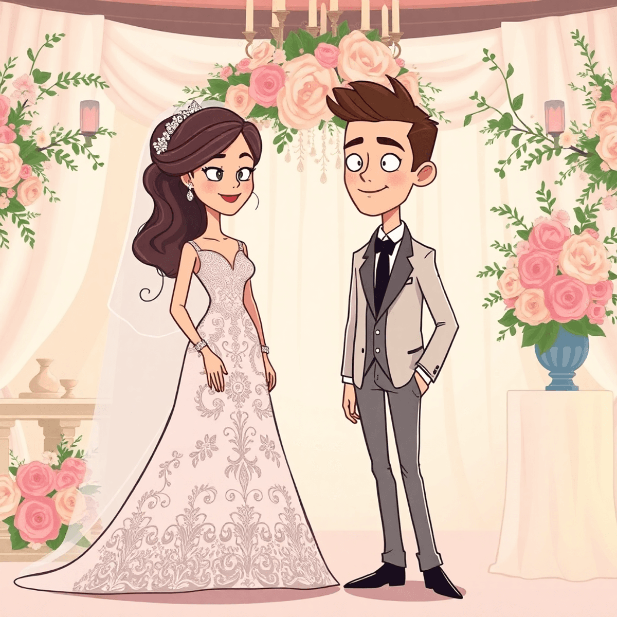 Cartoon-style wedding scene with a bride in an embellished couture gown, groom in a stylish suit, unique floral arrangements, and warm romantic lighting.