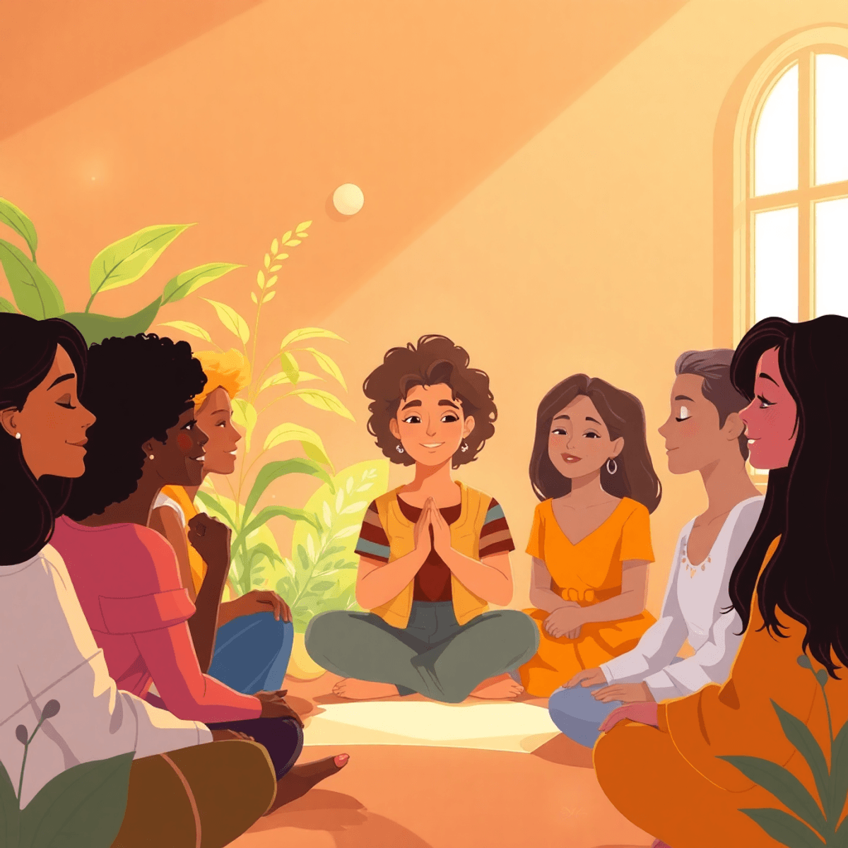 Cartoon of a diverse group in a peaceful, plant-filled setting with soft light and abstract shapes symbolizing growth and connection.