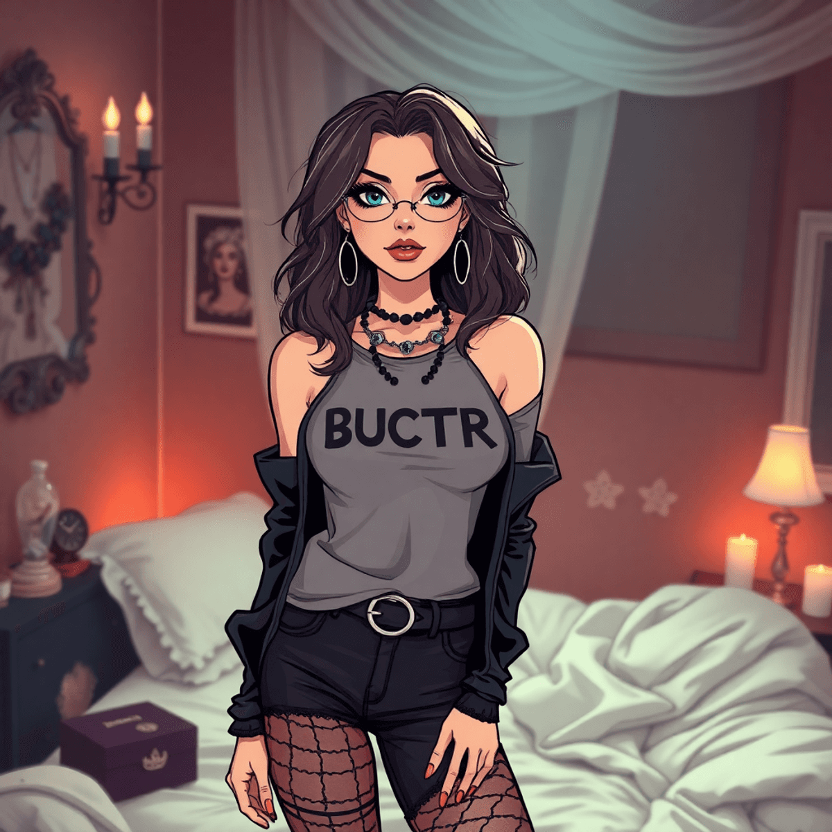 Cartoon of a confident woman in goth and punk-inspired fashion with vintage tees, in a cozy boudoir with soft, intimate lighting.