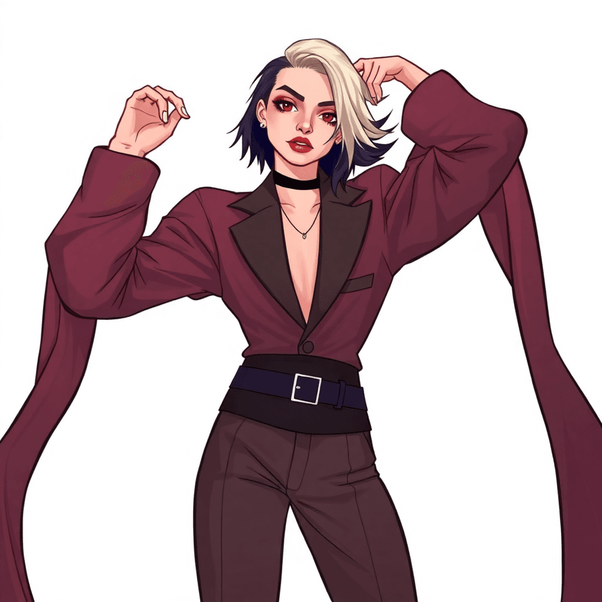 Androgynous cartoon portrait blending masculine and feminine fashion with soft fabrics, sharp tailoring, bold makeup, and a confident pose against a minimalist background.