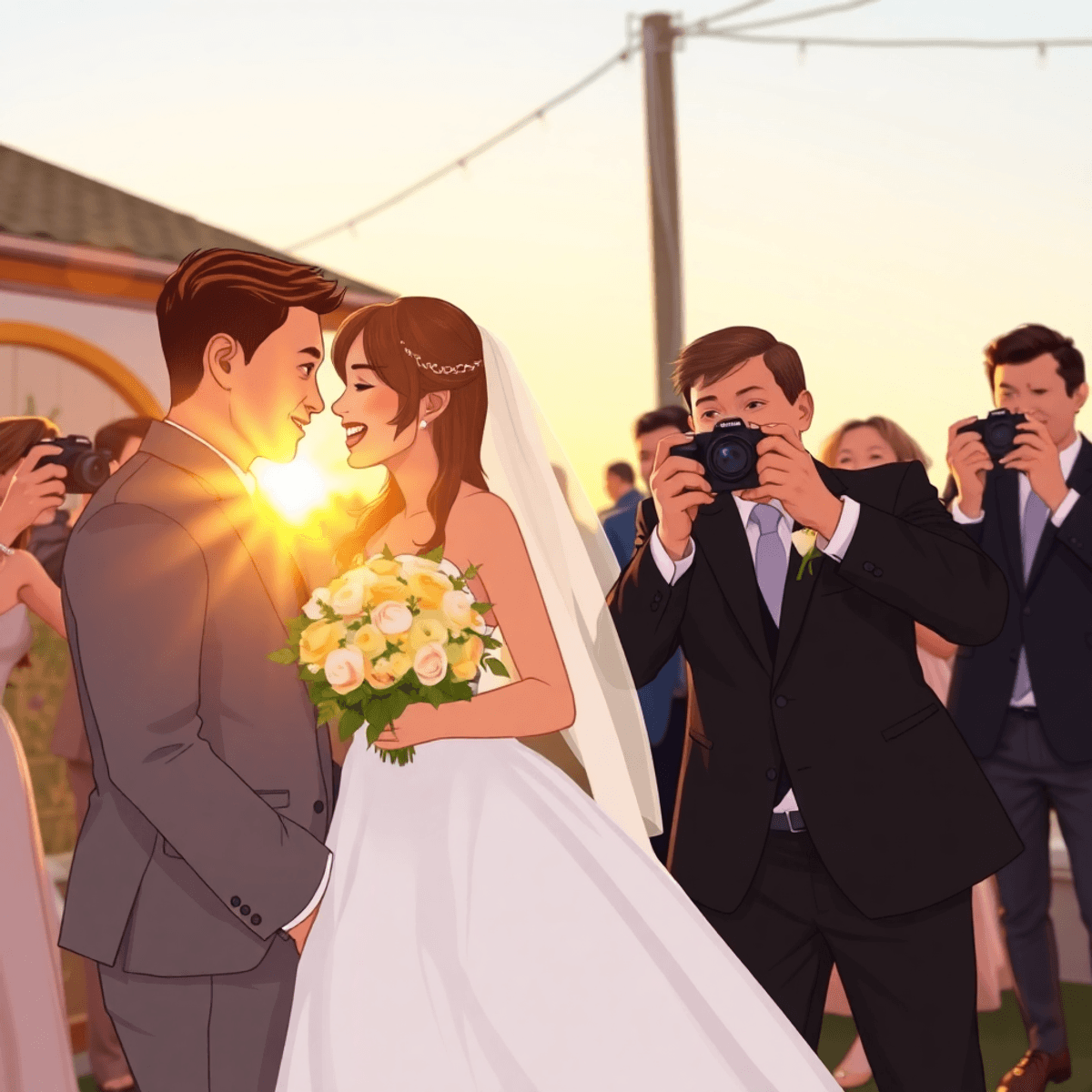 Cartoon wedding scene with two photographers capturing a bride and groom in golden hour light and guests celebrating, all in elegant attire and joyful expressions.