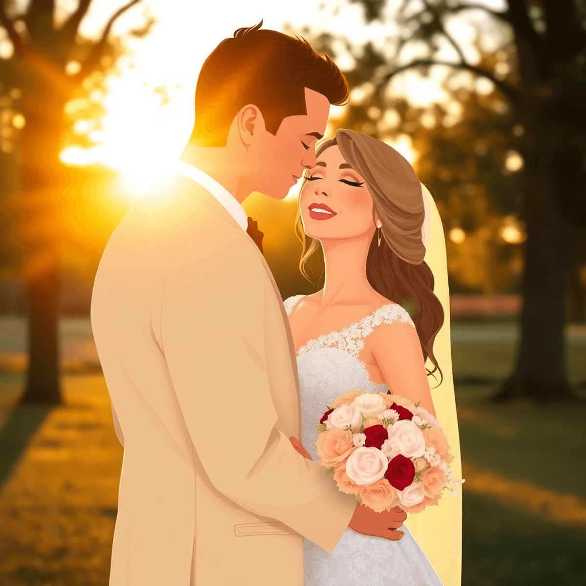 Cartoon-style romantic outdoor wedding at golden hour with bride and groom sharing an intimate moment surrounded by trees and warm sunset light.