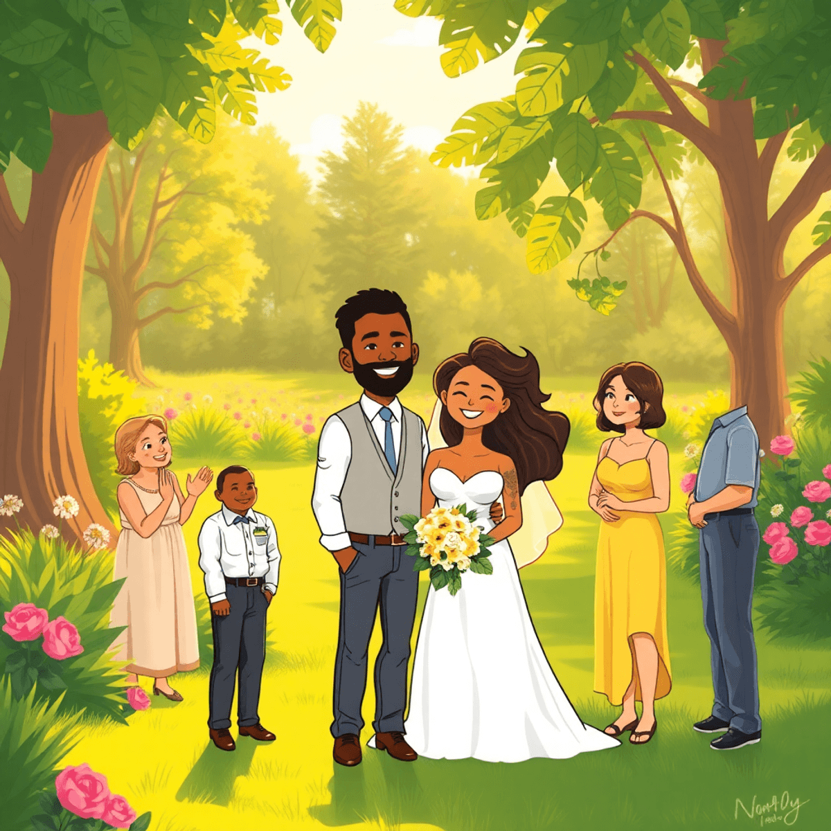 Cartoon of a small outdoor wedding in a sunlit garden with a couple and close family, joyful and relaxed atmosphere.