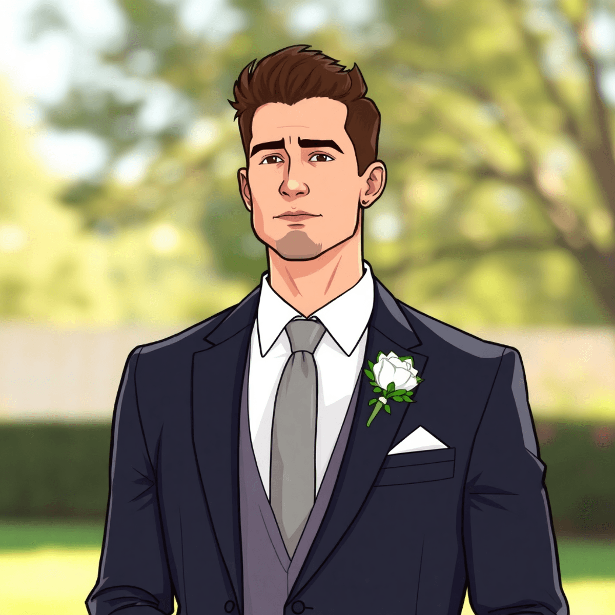 Cartoon groom in a stylish suit standing outdoors with soft natural light, looking thoughtful and elegant on his wedding day.