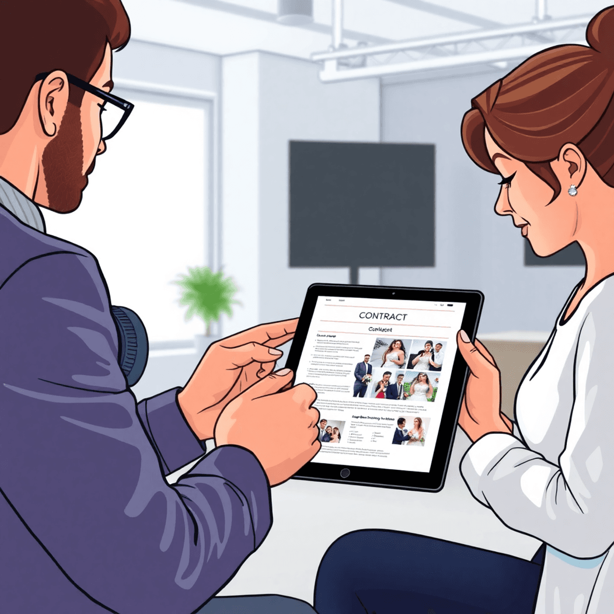 Cartoon of photographer and client reviewing a digital contract on a tablet showing wedding photos in a bright modern studio.