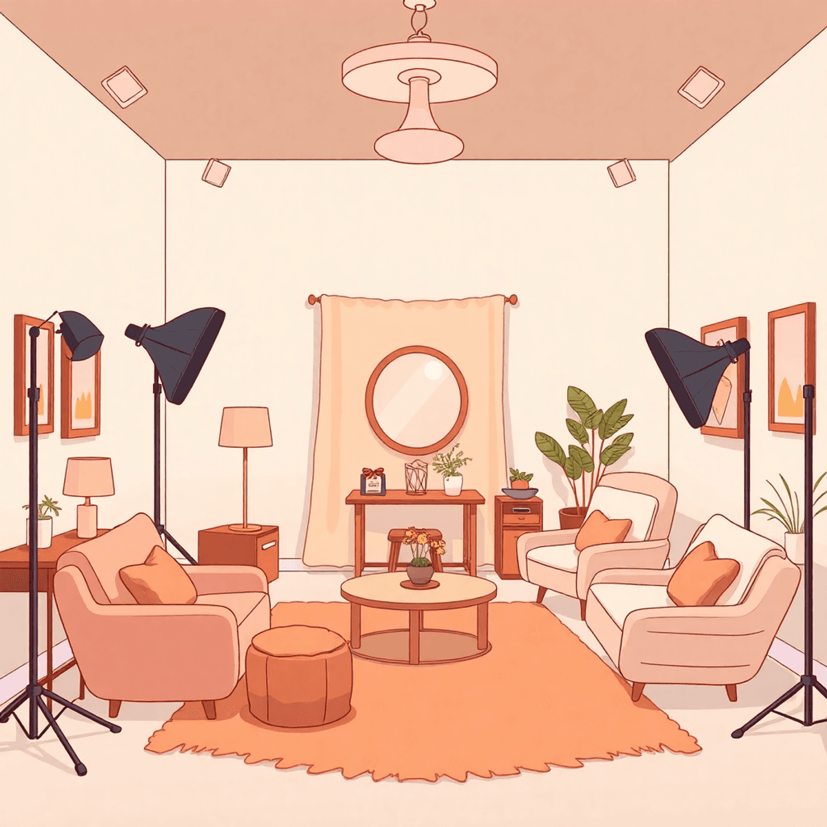 Cartoon-style cozy photography studio with soft lighting, comfortable seating, and calming decor, creating a warm, safe, and inclusive atmosphere.