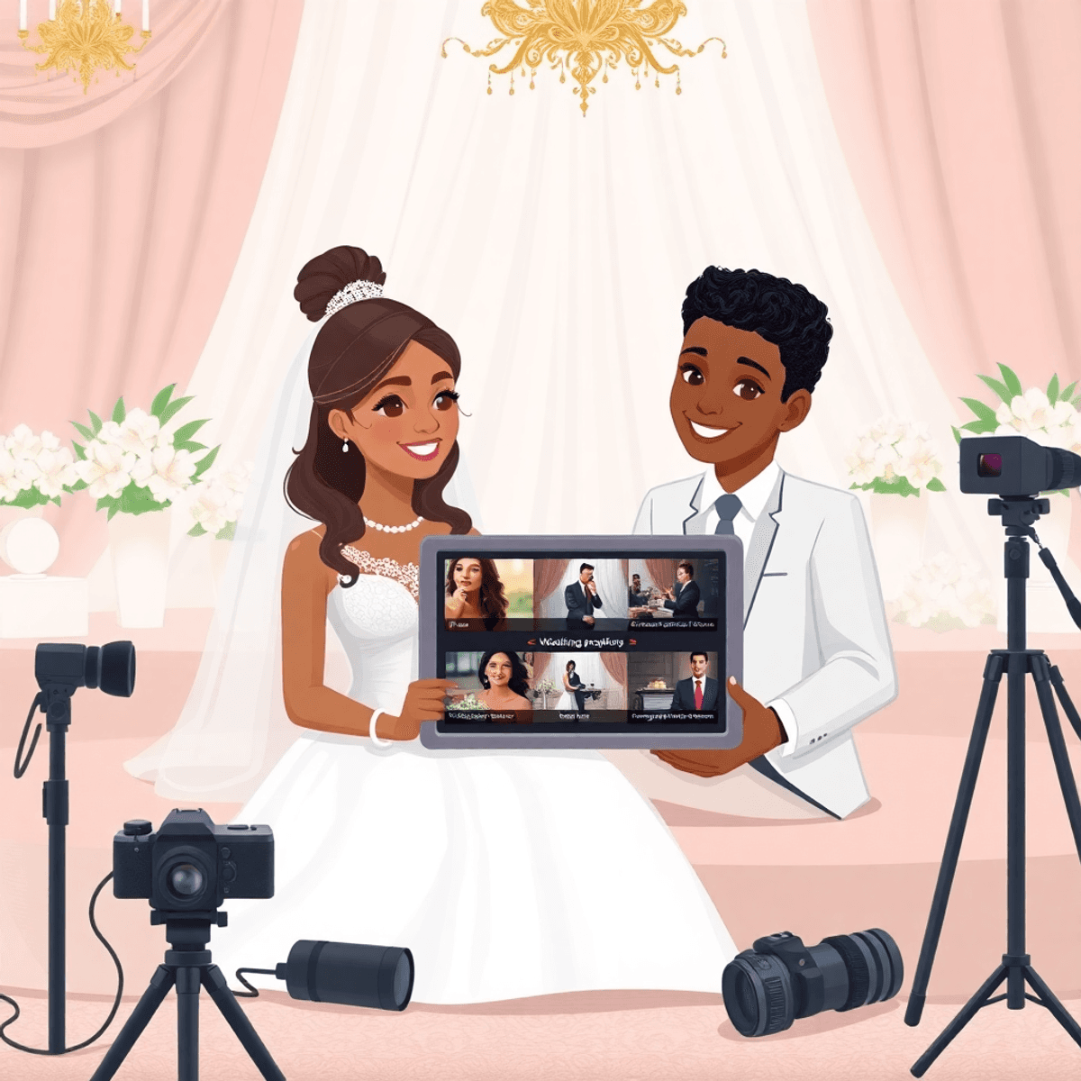 Cartoon of a couple planning their wedding with a laptop showing AI wedding photos, surrounded by elegant decor and photography gear.