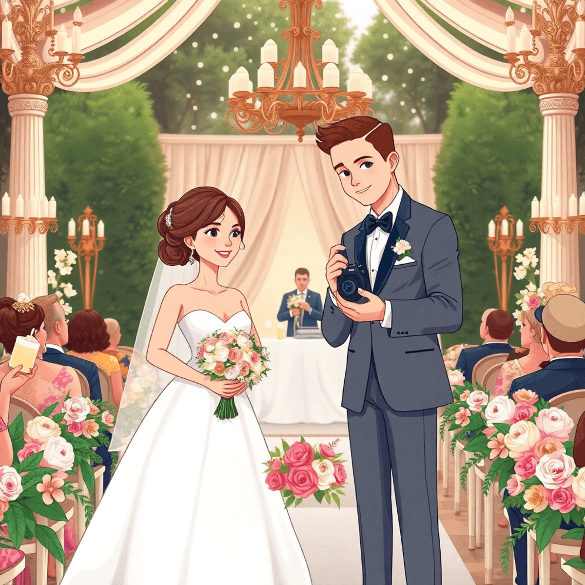 Cartoon of a professional wedding photographer capturing elegant moments at a luxury outdoor wedding with soft lighting and opulent floral decor.