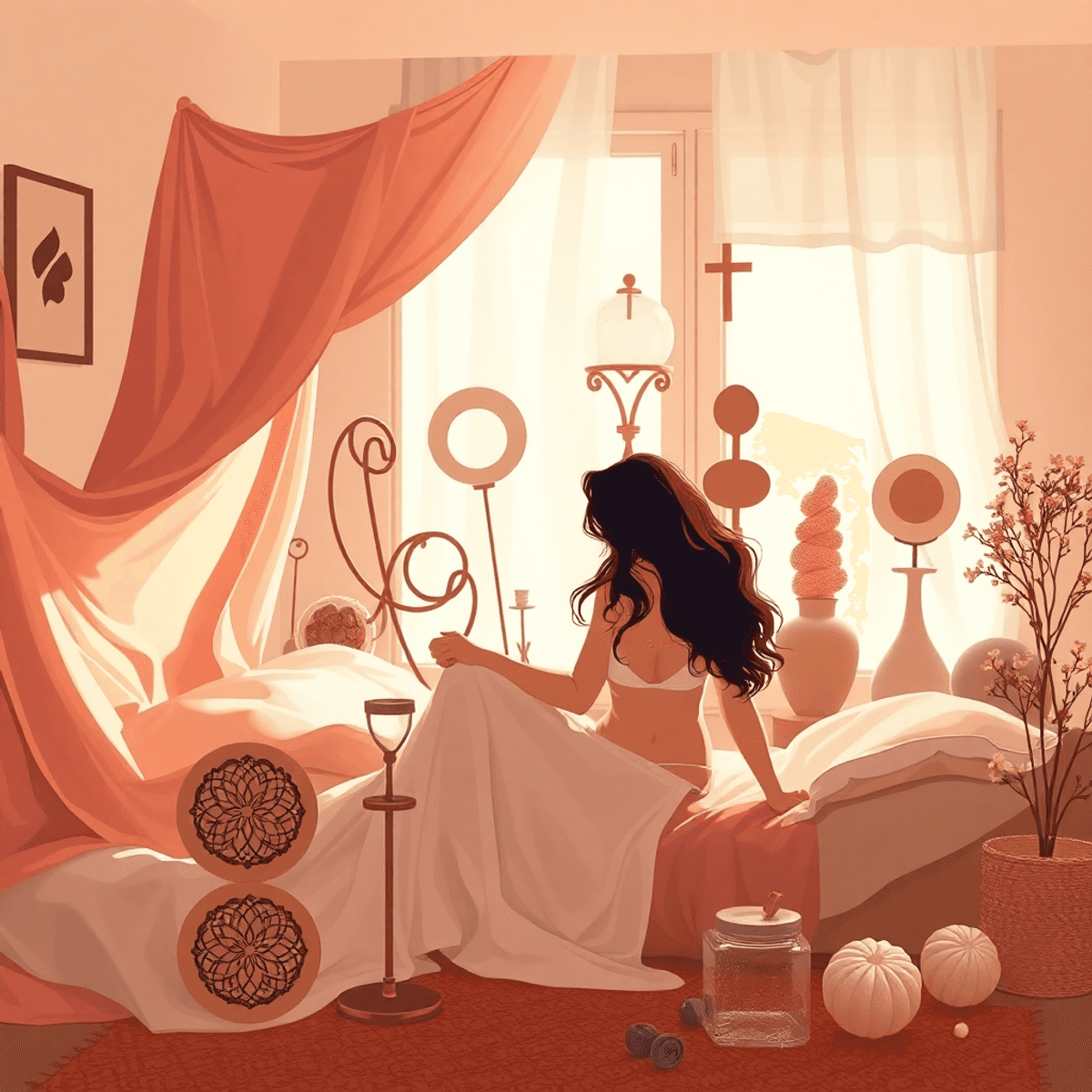 Cartoon-style boudoir scene with flowing fabrics, abstract shapes, and warm natural light, evoking self-expression and body positivity in an intimate setting.