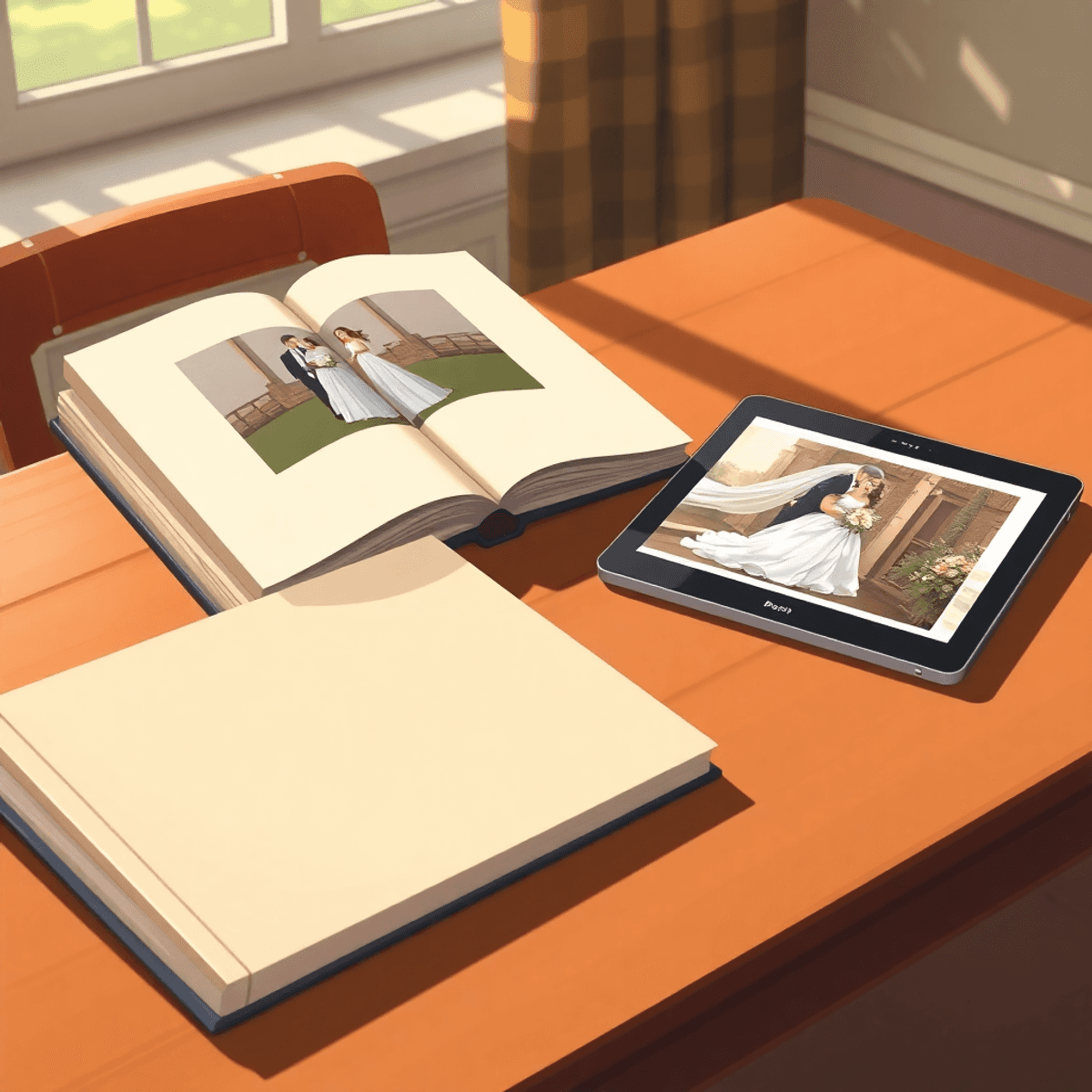 Cartoon-style image of a classic wedding photo album open on a wooden table next to a tablet showing a wedding photo, lit by soft natural light.