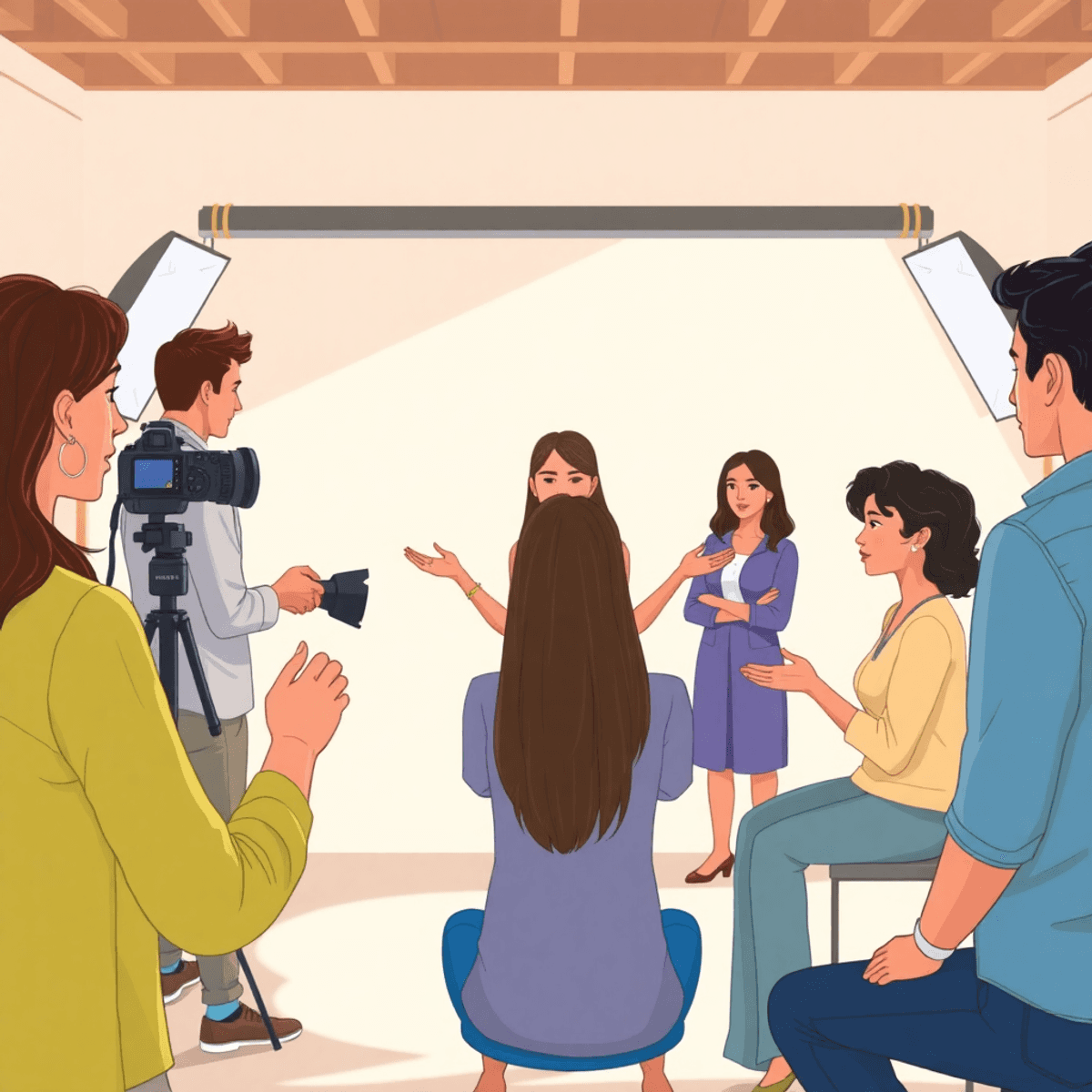 Cartoon of a warm photo studio with a photographer guiding a model, soft lighting, open hands, and connected circles symbolizing trust and collaboration.