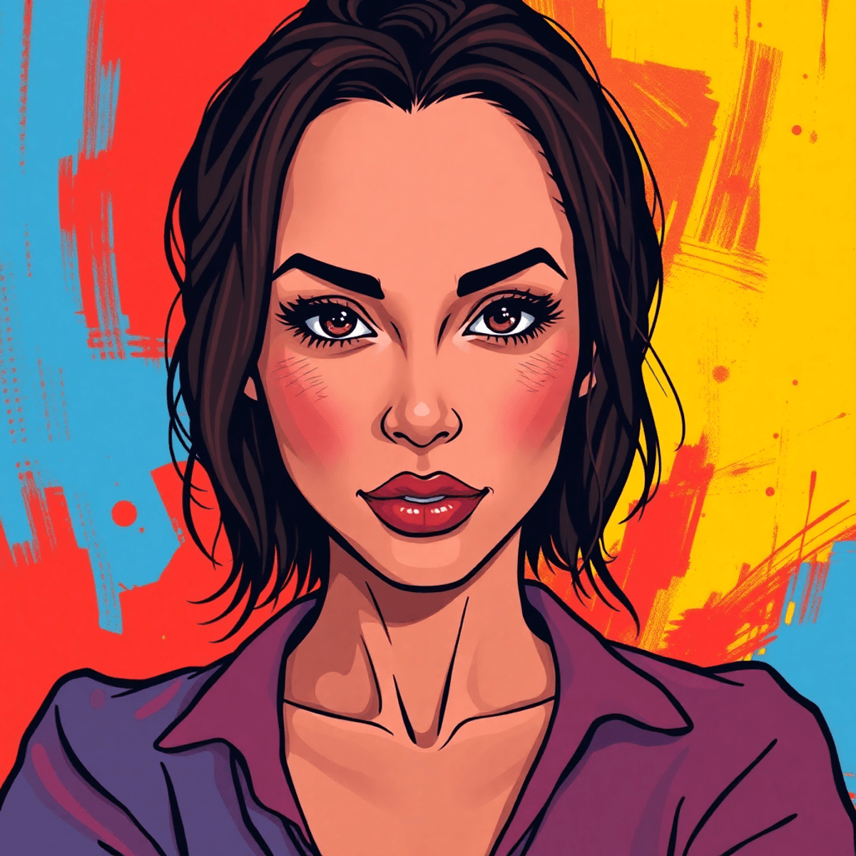 Cartoon-style portrait of a confident woman against a bold, colorful background in red, blue, and yellow, conveying emotion and authenticity.