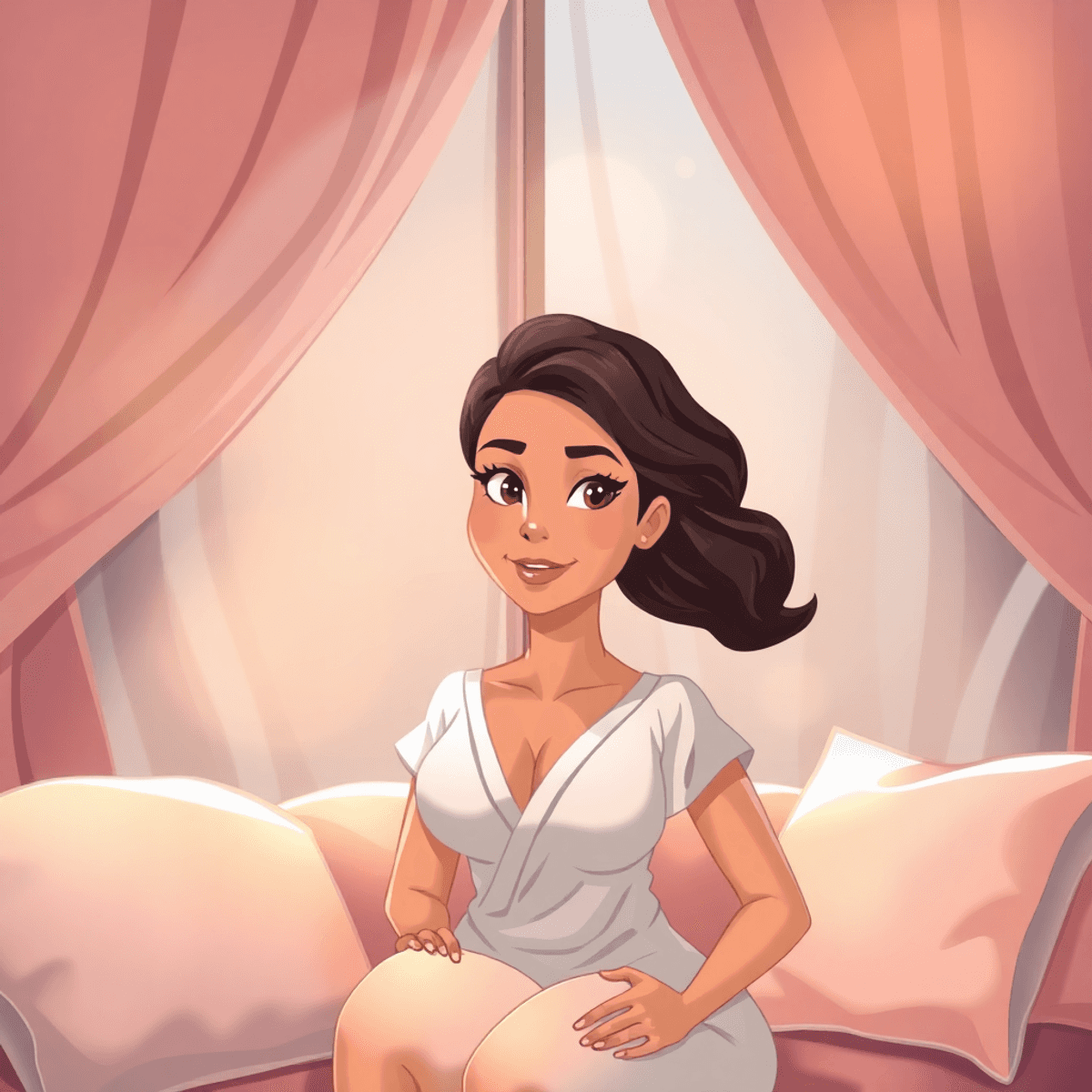 Cartoon of a confident woman in a warm boudoir with flowing curtains and soft cushions, symbolizing empowerment and healing.