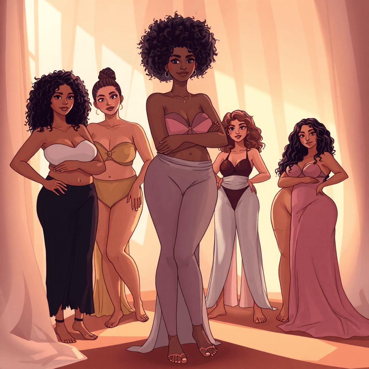 Cartoon-style group of diverse individuals confidently posing in soft natural light, surrounded by flowing fabrics and subtle shadows, celebrating authentic beauty.