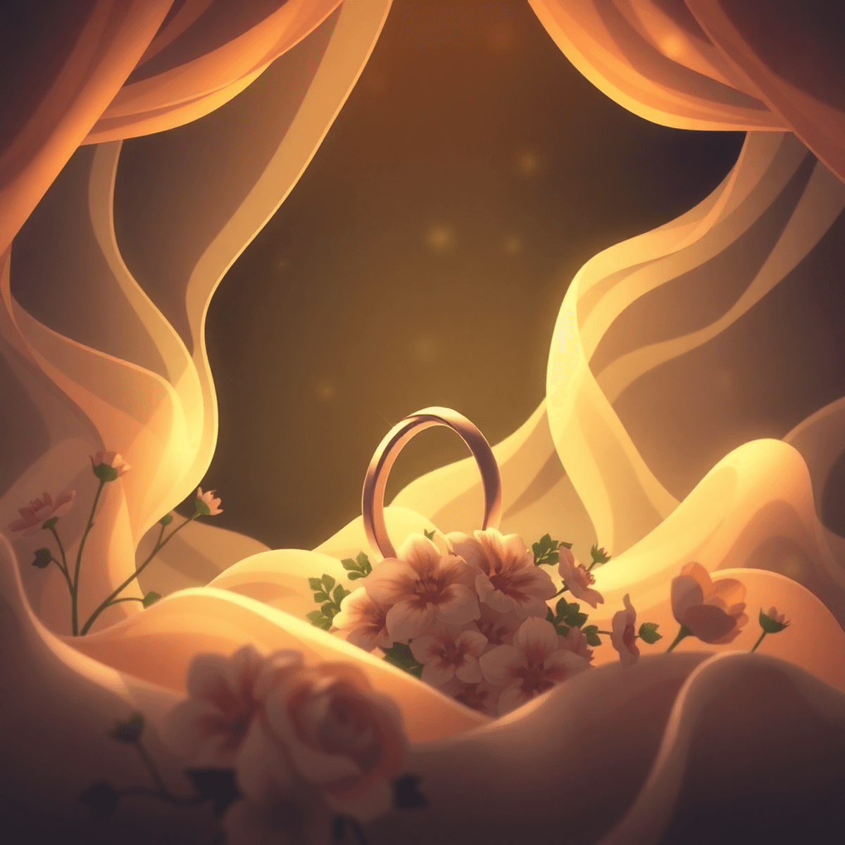 Cartoon-style artistic wedding scene with rings, flowers, and delicate fabric, featuring soft light, vintage textures, and moody shadows for cinematic depth.