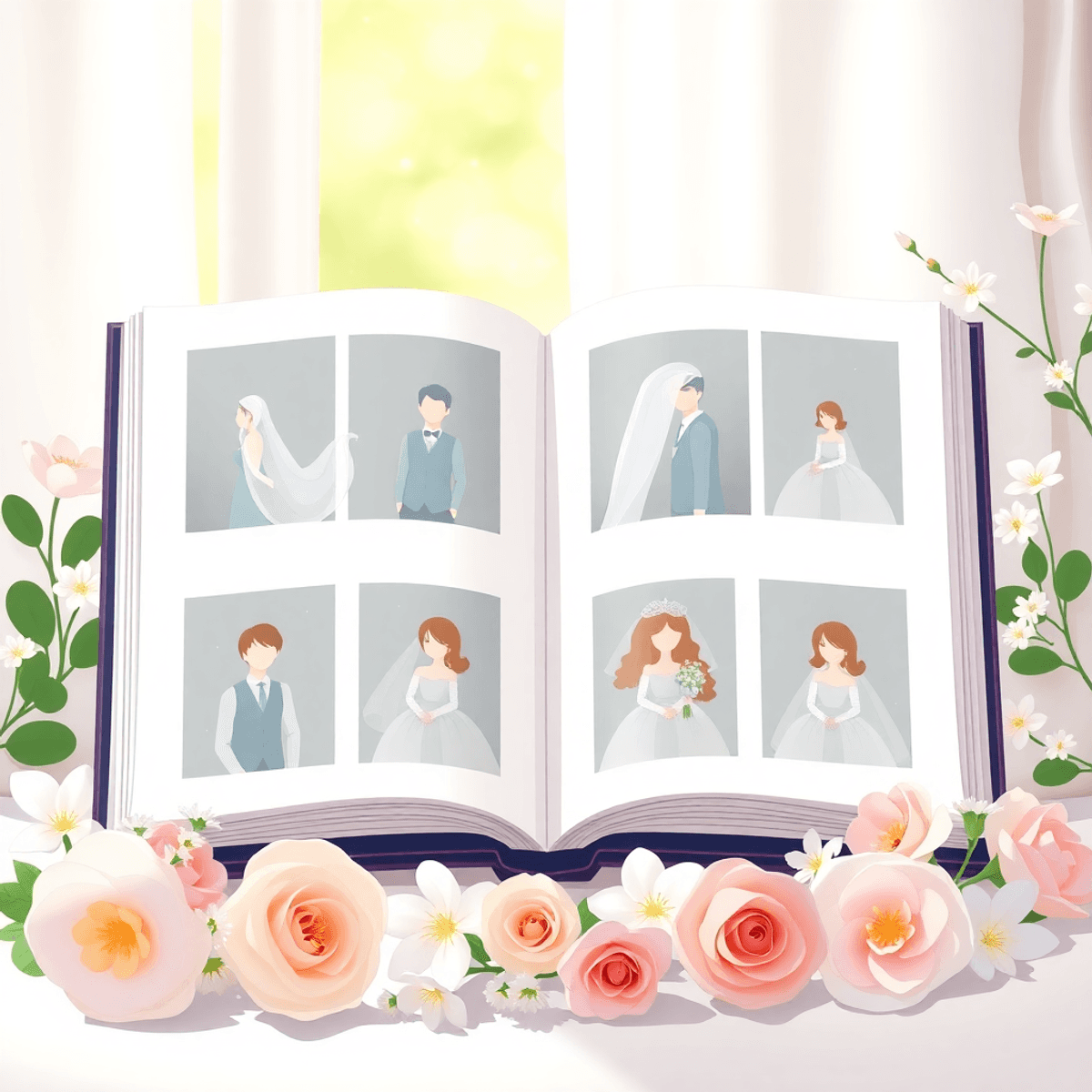 Cartoon-style open wedding album with elegant layouts, surrounded by delicate flowers and soft natural light, symbolizing cherished memories and timeless love.