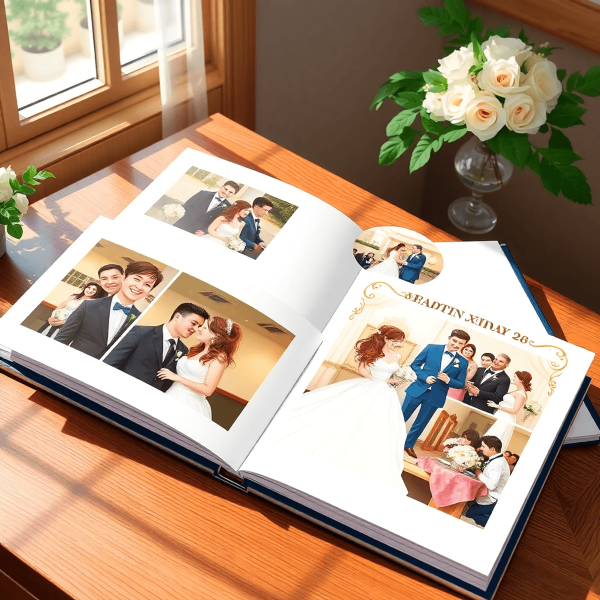 Cartoon-style open wedding album on wooden table with vibrant candid photos, floral decorations, and soft natural lighting capturing joyful moments.