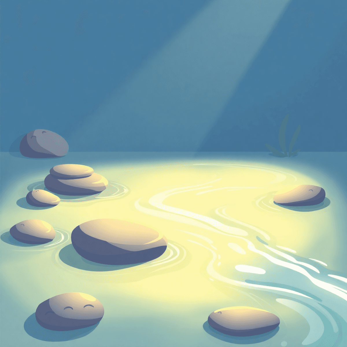 Cartoon-style serene meditative space with flowing water, smooth stones, and colorful abstract shapes symbolizing calmness, creativity, and positive energy.