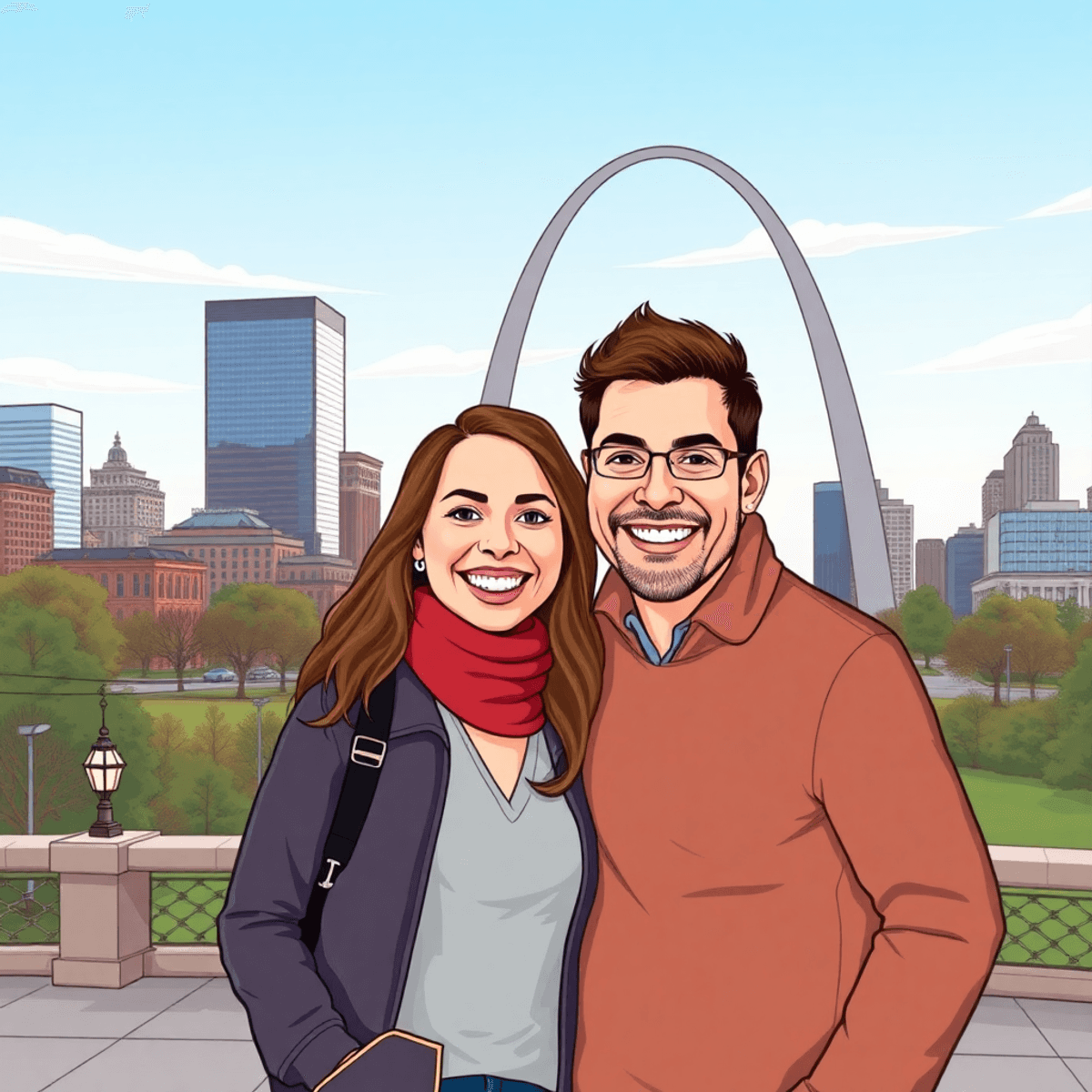 Cartoon couple smiling during engagement photo shoot with Gateway Arch and city parks in the background.