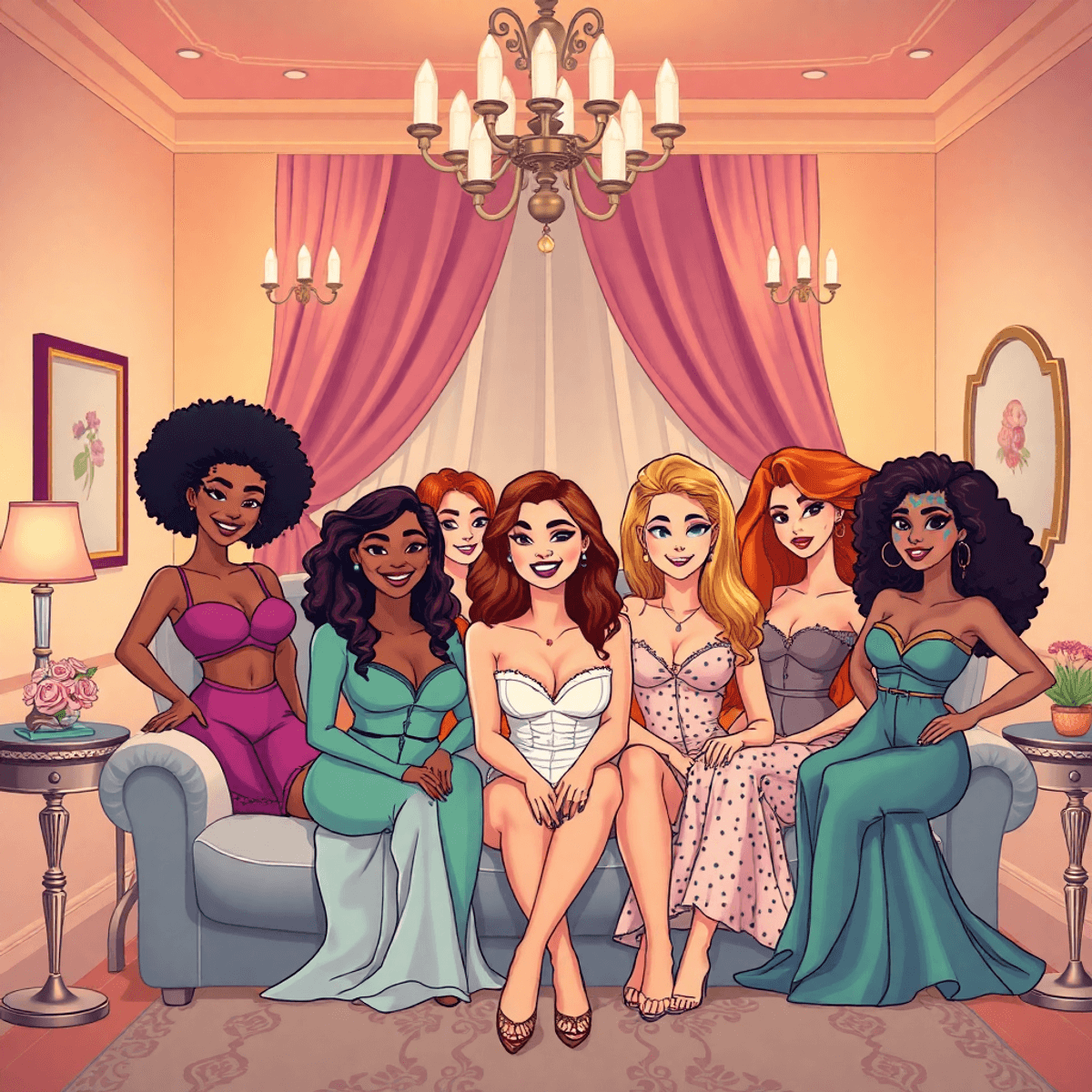 Cartoon-style boudoir with soft lighting, elegant decor, and diverse confident individuals celebrating empowerment and neurodiversity.