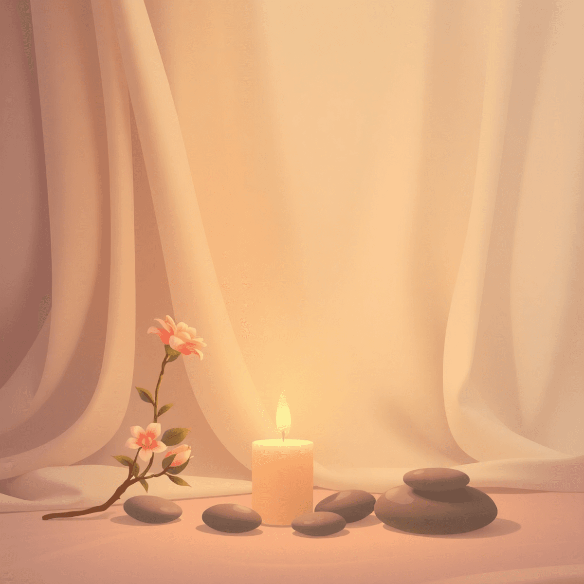 Cartoon-style cozy scene with soft fabric backdrop, blooming flower, glowing candle, and smooth stones in warm pastel tones symbolizing self-love and transformation.