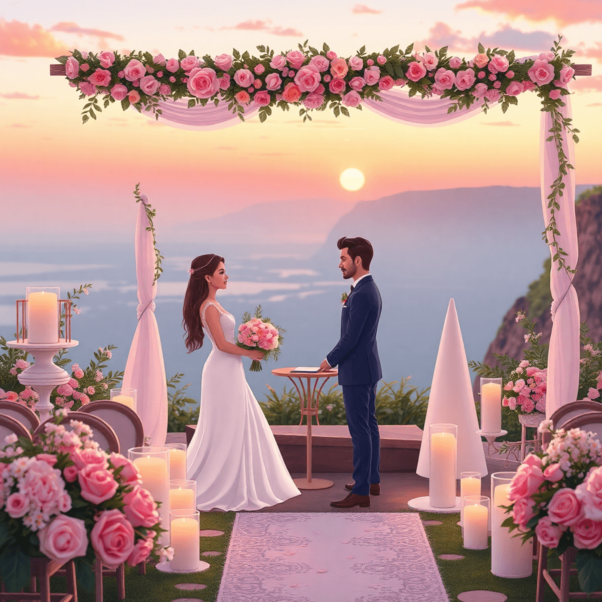 Cartoon-style romantic outdoor wedding setup with elegant floral decor on a scenic cliff at sunset, evoking intimacy and luxury without people.