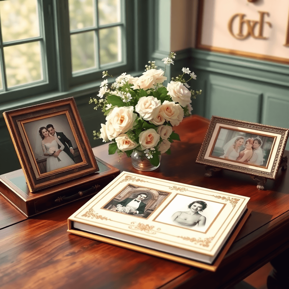 Cartoon-style luxury wedding scene with heirloom photo albums, framed portraits on a vintage wooden table, soft lighting, and delicate floral arrangements.