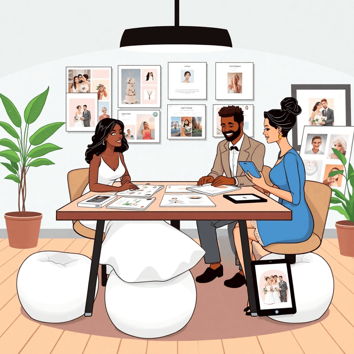 Cartoon of a couple and vendors at a stylish table, surrounded by mood boards, fabric swatches, and tablets with wedding plans in a bright, inviting room.