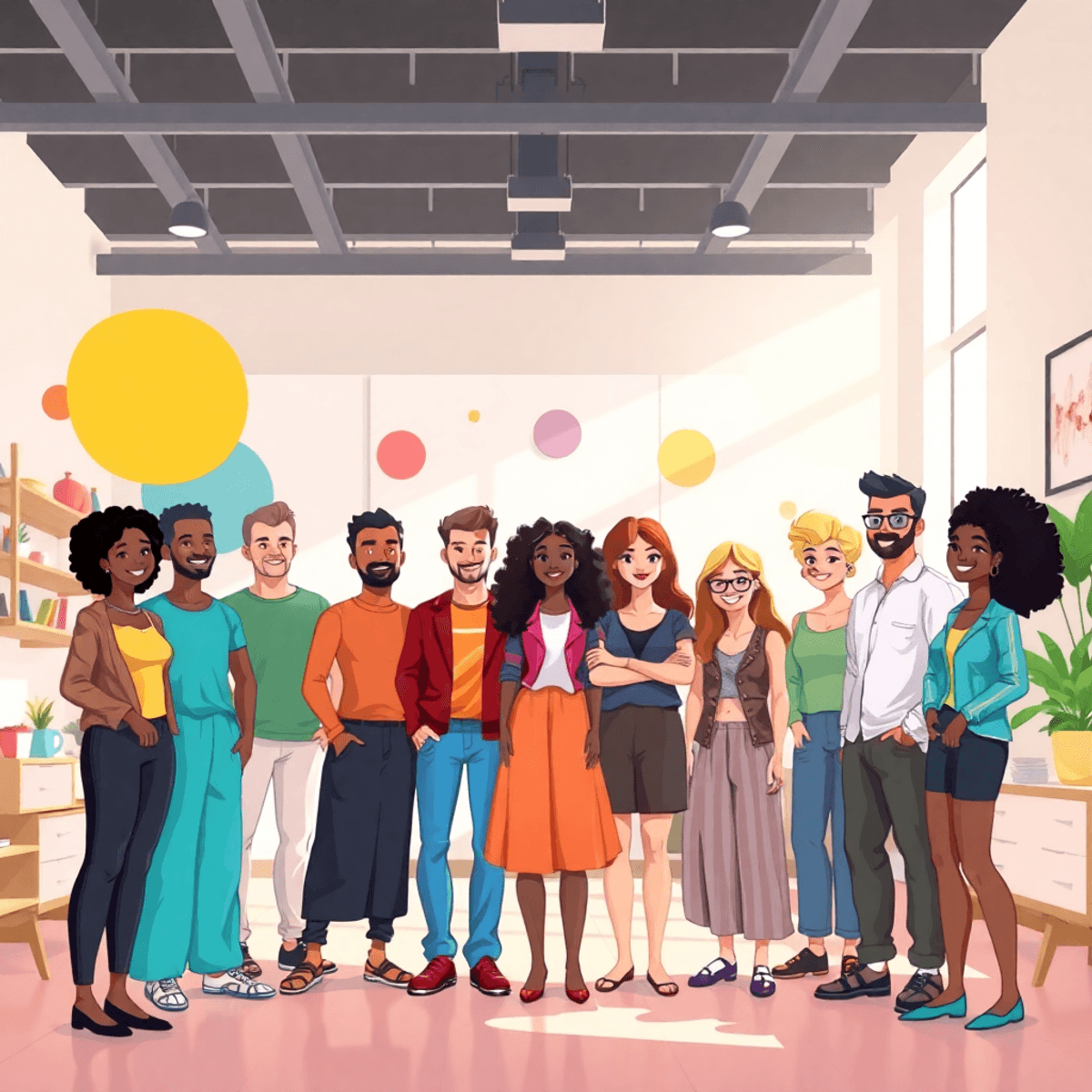 Cartoon of diverse group in bright creative studio with colorful abstract shapes, bathed in warm natural light, symbolizing inclusivity and growth.