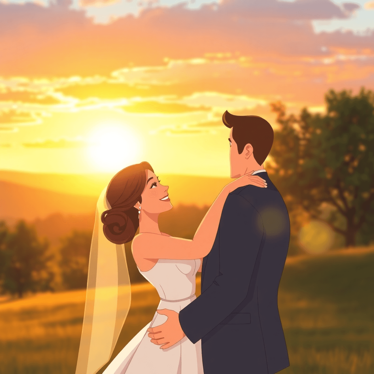 Cartoon of a happy couple embracing outdoors at golden hour, with warm sunlight, trees, and a glowing sunset sky in the background.