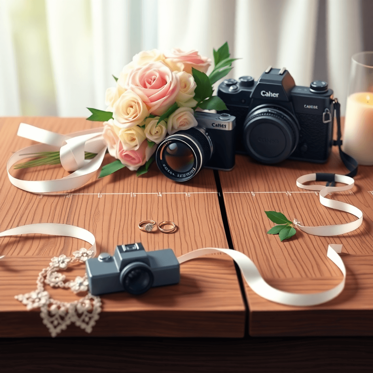 A whimsical cartoon-style illustration of a wedding photography timeline on a rustic table, showcasing a bouquet, rings, and a camera in a softly blurred romantic setting.