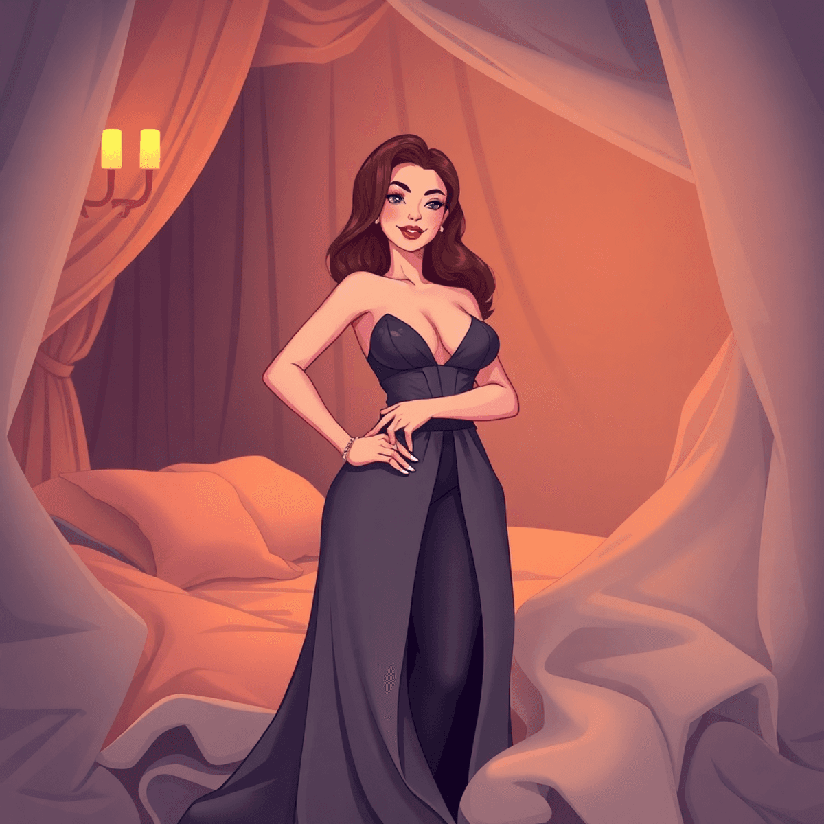 Cartoon-style elegant boudoir scene with a confident woman posing gracefully amid luxurious fabrics and warm, soft lighting.