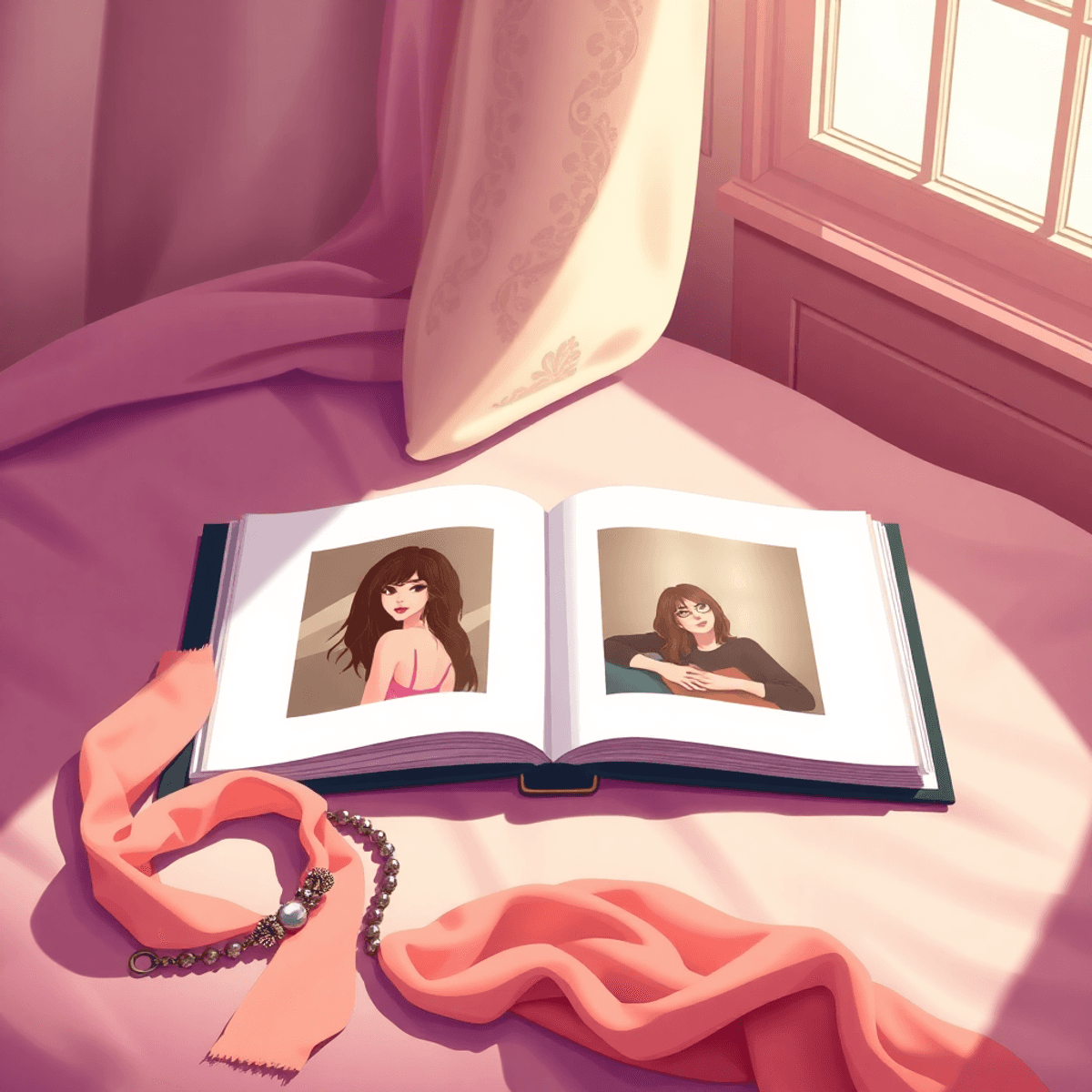 Open boudoir photo album on soft surface with vintage necklace and silk scarf, bathed in warm natural light, cartoon style.
